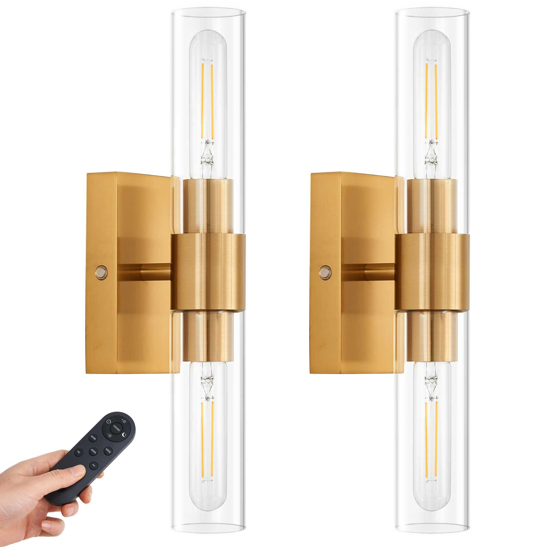 SANTOSTOCK Gold Battery Operated Wall Sconce Set of 2 with Remote Control, 12000mAh Rechargeable Wall Lights, Wireless Dimmable 