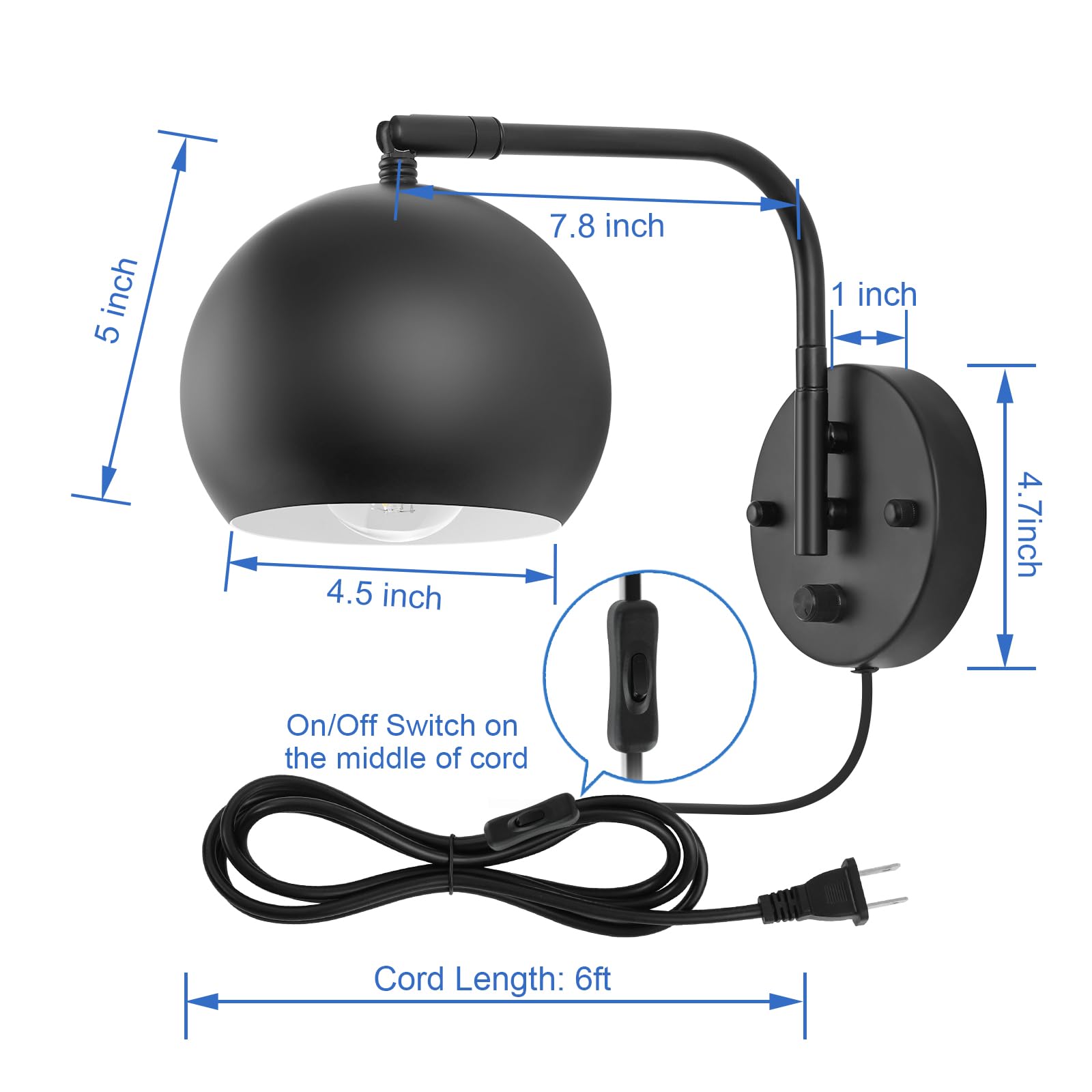 Vatoni Plug In Wall Sconces, Dimmable Wall Sconce Swing Arm Wall Lights With Plug In Cord And Dimmer On/Off Knob Switch, Black G