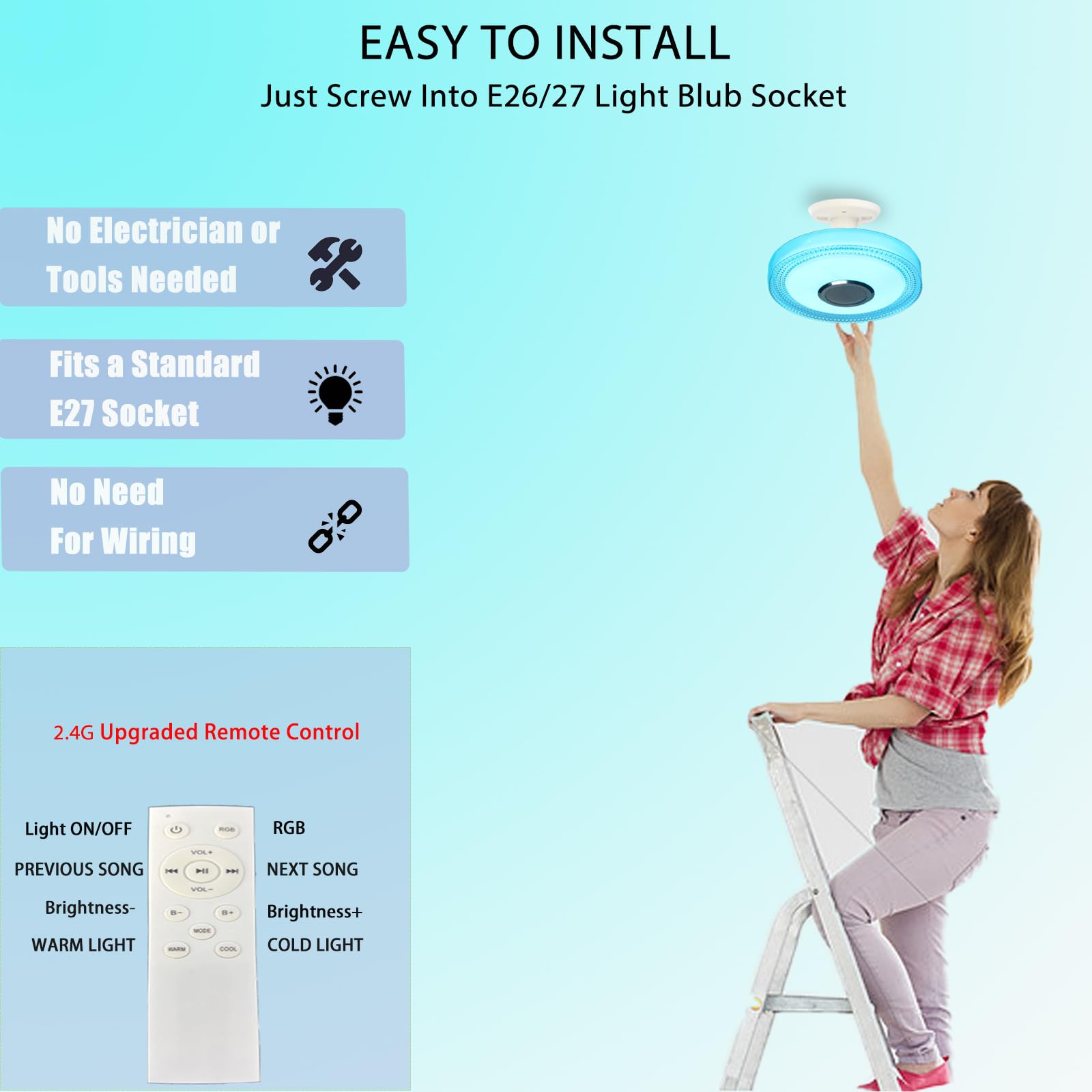 Ncbncb Waterproof Smart Led Shower Ceiling Light Fixture With Bluetooh Speaker,18W 11Inch,3000-6500K Dinmmable Rgb Color Changin