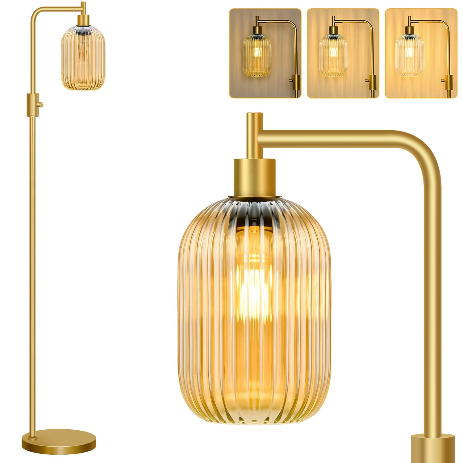 ?Upgraded? Dimmable Glass Floor Lamp for Living Room, Modern Gold Standing Lamp with Amber Ribbed Glass Lampshade & Knob Dimmer,