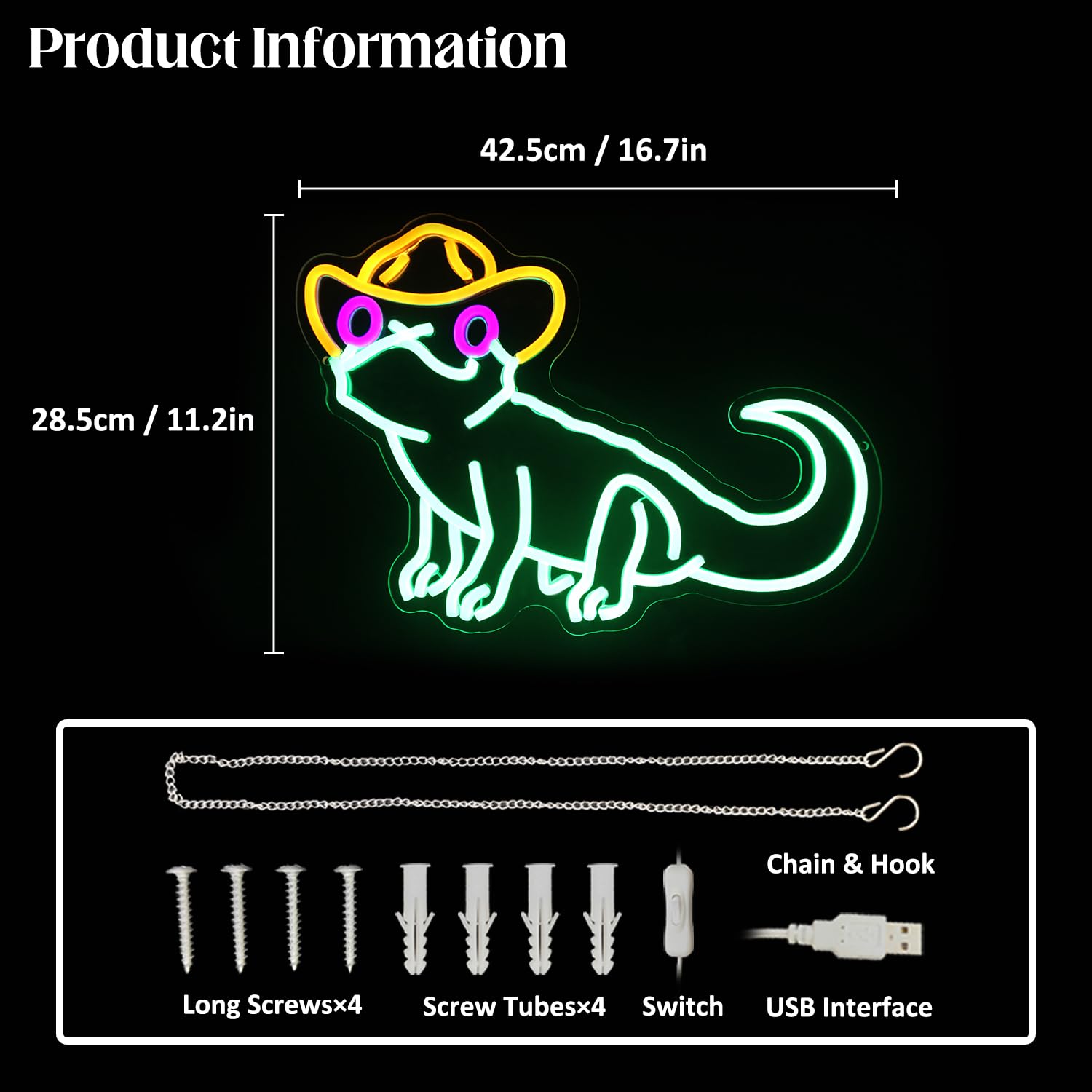 CKTBLEY Neon Sign - Cowboy Green Iguana LED Wall Decor, 16.7x11.2 inches, Glass, Green Yellow Purple, Model CC-Lizard