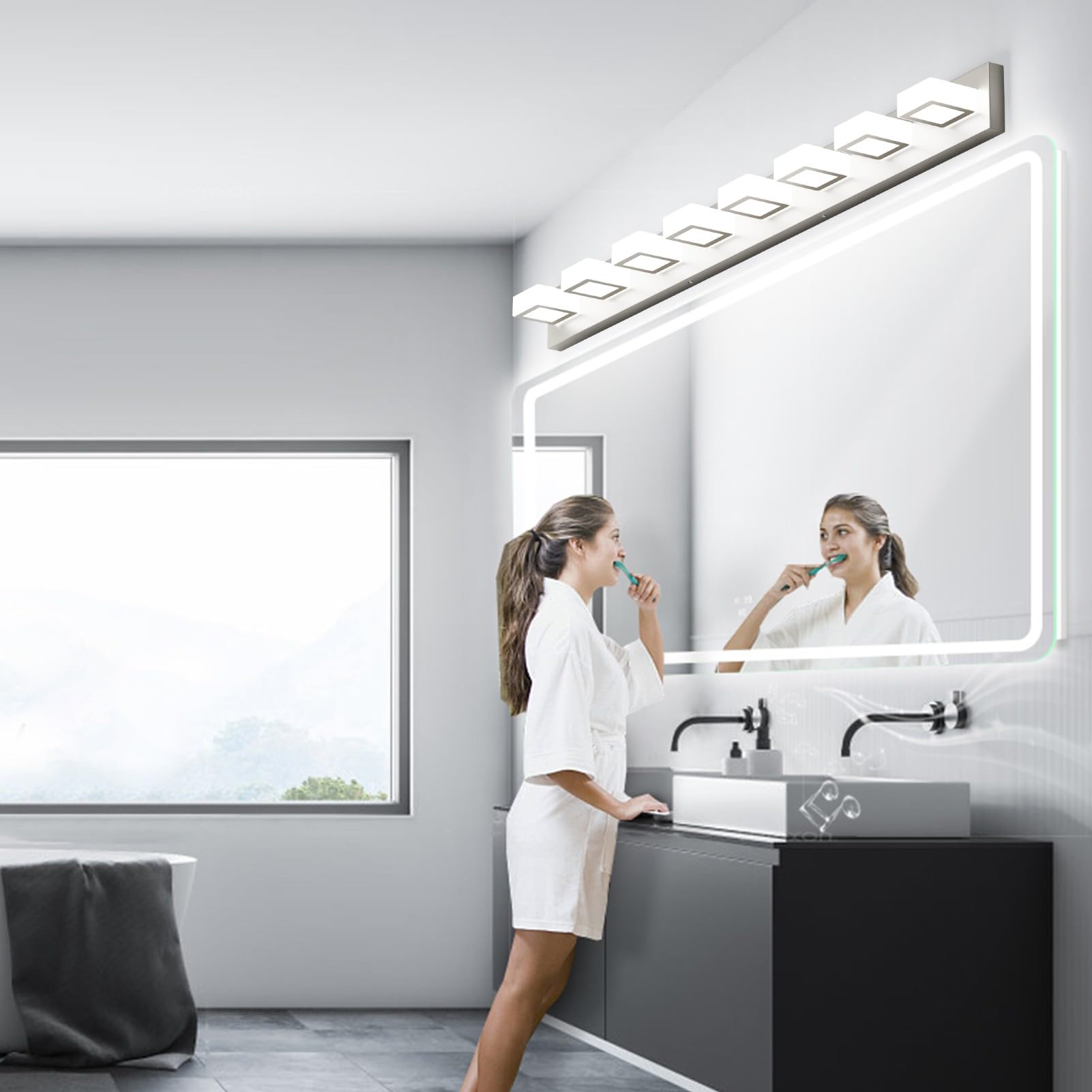 Ralbay 8-Light Brushed Nickel Bathroom Vanity Lights, Metal & Acrylic, 52 Inch, Modern Wall Lighting Fixtures Over Mirror