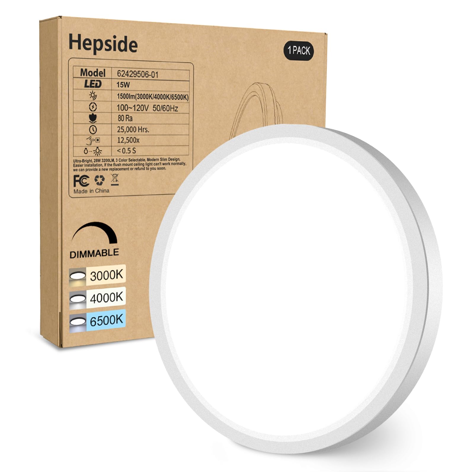 Hepside 1Pack Dimmable Flush Mount Ceiling Light Fixture White, 3Cct Selectable 3000/4000/6500K Ceiling Lamp, 7.5Inch 15W 1500Lm