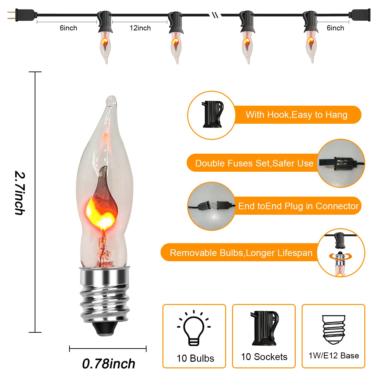 Romasaty C18 Halloween Flicker Flame String Lights, 10FT, Orange Glow, 10 Light, Black Wire
