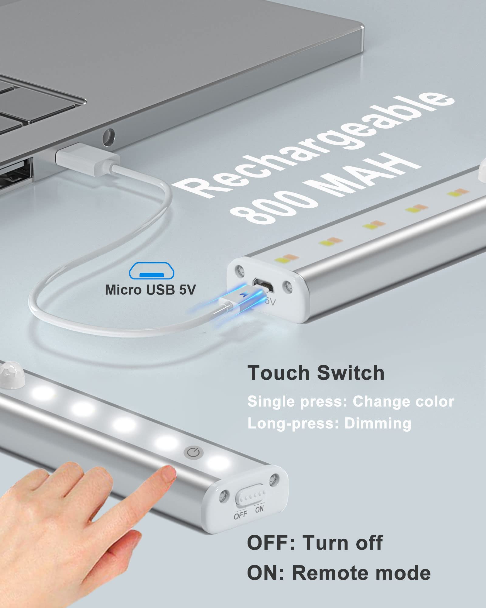 Szokled Under Cabinet Lighting Rechargeable 20-Led Remote Under Cabinet Lights, Kitchen Counter Lights Closet Light Bar, 3 Color
