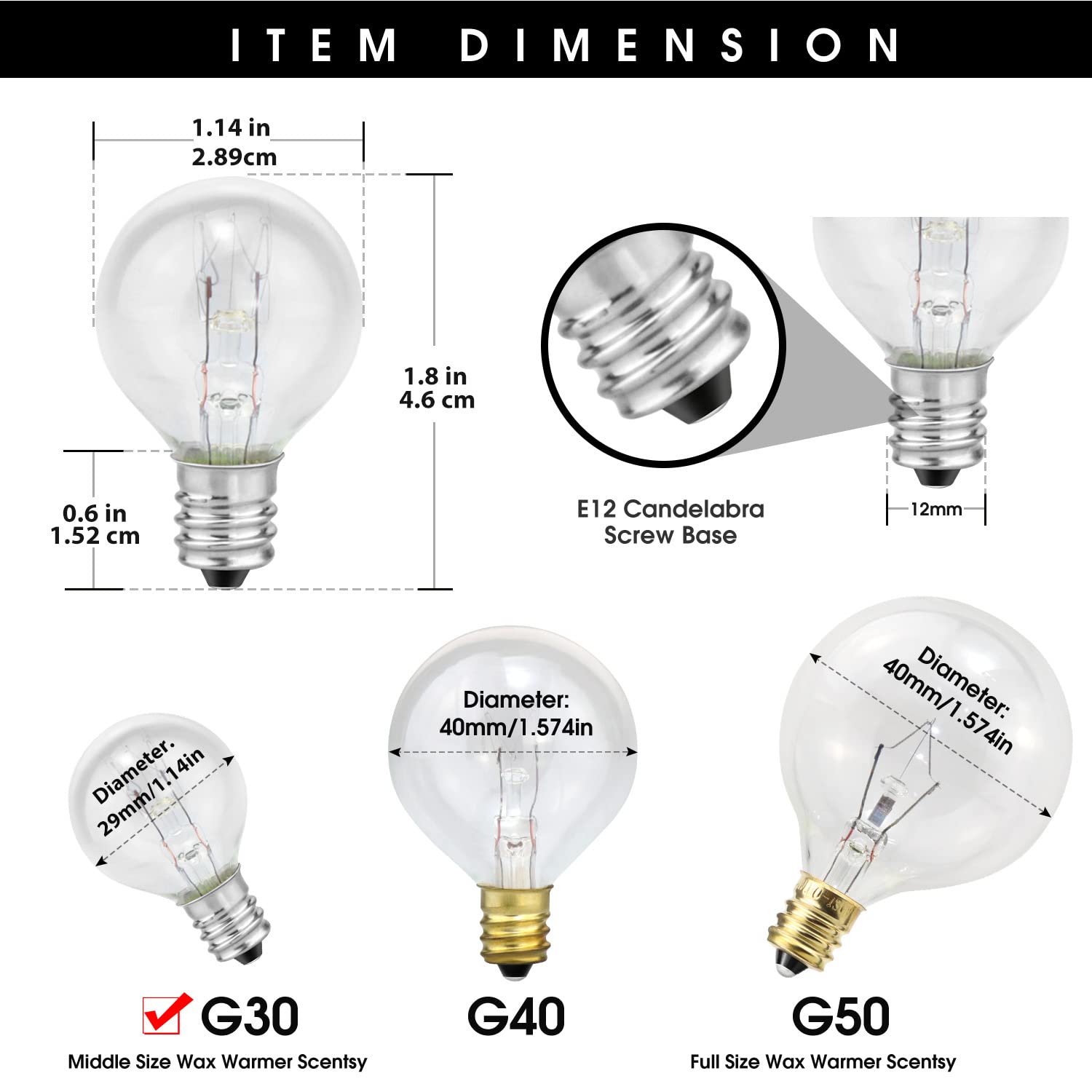 Etwincoo Wax Warmer Bulbs, Custom Fit G30 25 Watt Bulbs For Middle Size Scentsy Warmers, E12 Base Clear Scentsy Light Bulbs For
