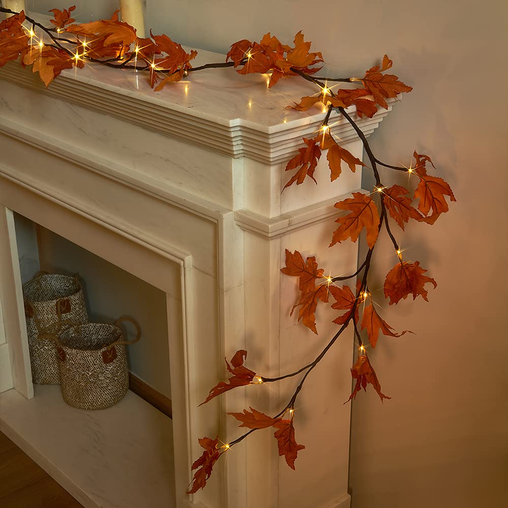 Hairui Lighted Maple Leaf Garland - 6Ft, 24 Warm White Leds, Battery Operated, Orange Maple - Perfect For Thanksgiving And Christmas Decor