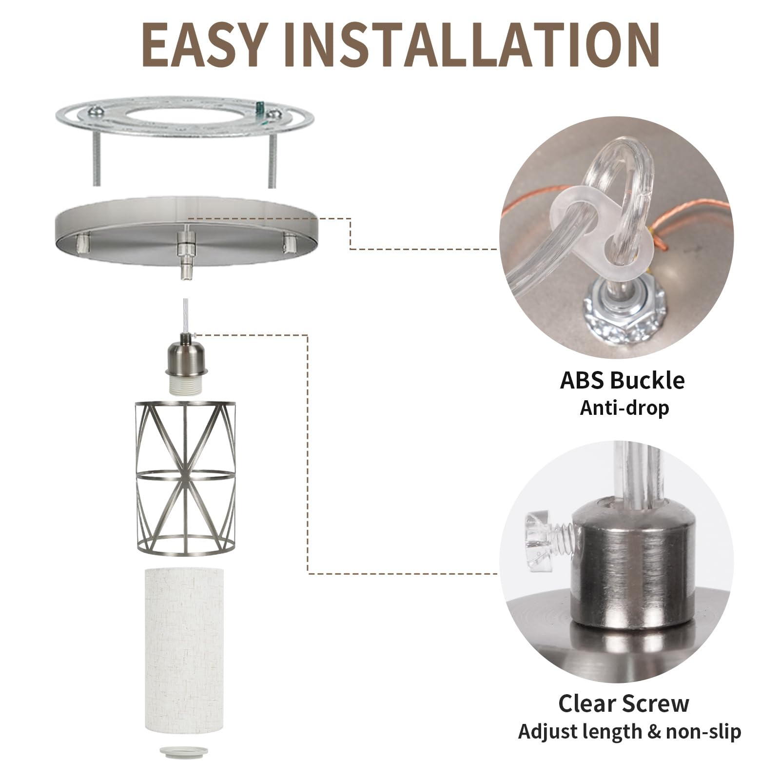 Zlierop 3-Light Chandelier, Adjustable Height Pendant Light, Metal + Linen, Linen/Nickel