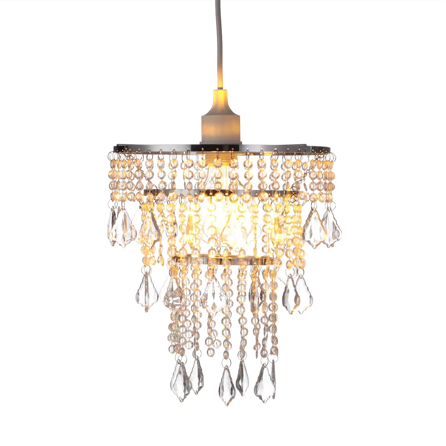 Cioceen Silver Acrylic Chandelier Pendant Light Shade, 3-Tier Crystal Beaded Fixture 11.5&quot; X 9