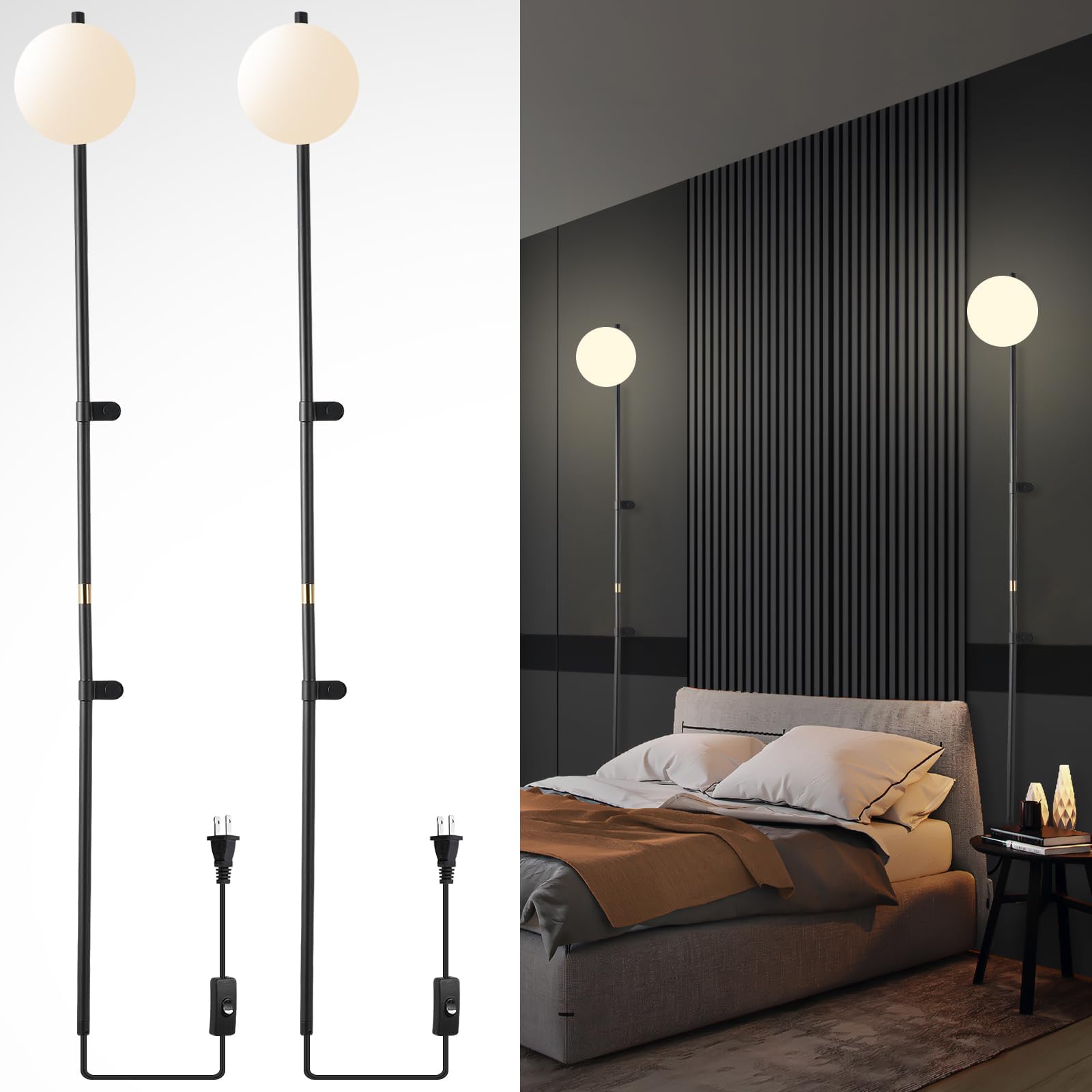 HOMLUCE Long Wall Sconces Set of Two, Plug in Wall Sconces Globe Shade Indoor Wall Light, Wall Mounted Lamp with Plug in Switch,