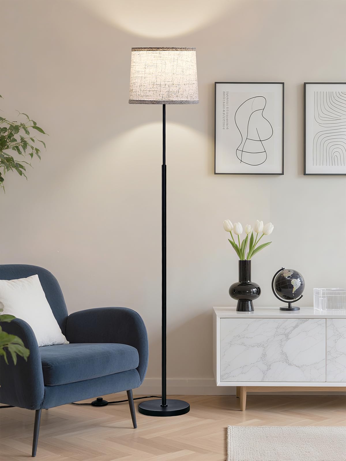 Hikczc 60in Modern Floor Lamp, Black Metal with Oatmeal Linen Shade, A19 9W Bulb, Foot Switch Control, Model H-1F-102