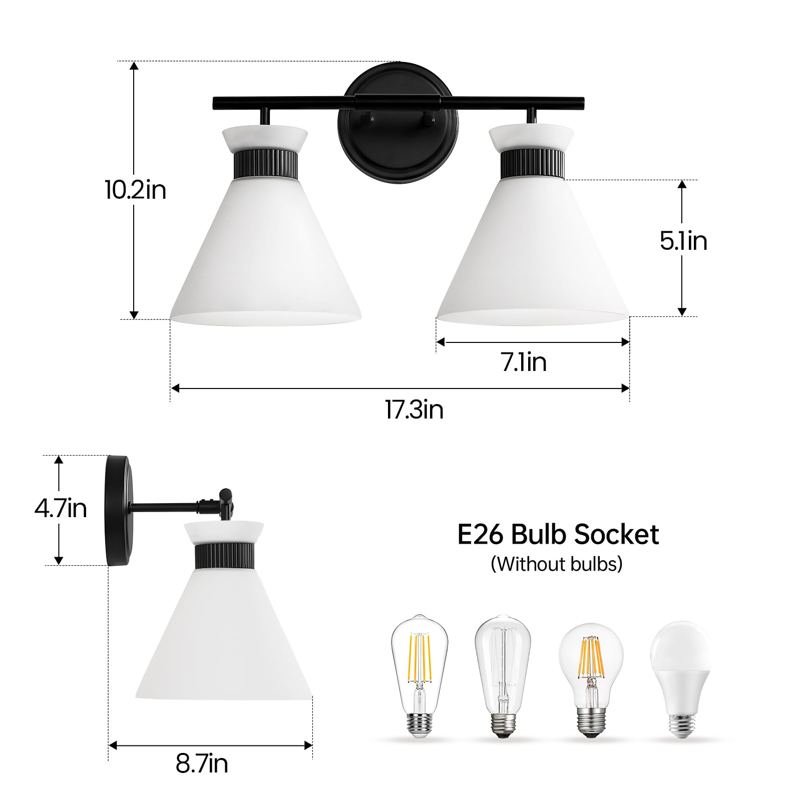 Black Bathroom Vanity Light Fixtures: Bathroom Lighting Fixtures Over Mirror 17.3 Inch With Milky White Frosted Glass, 2-Lights