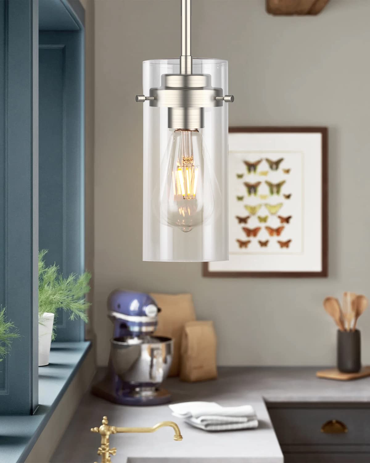 Eapudun Brushed Nickel Pendant Light - 2 Pack Farmhouse Kitchen Ceiling Fixtures