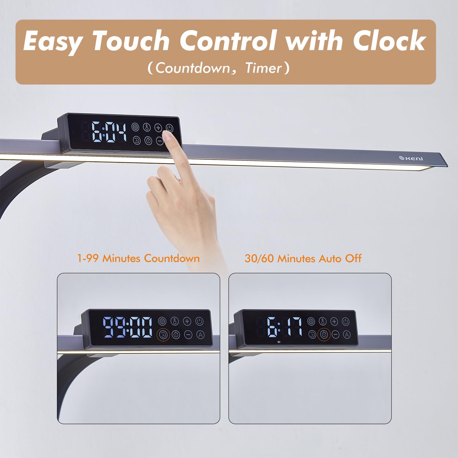 G Keni Ultra Bright LED Desk Lamp with Clock, 31.5"W x 27"H, Silver, Model L200, Touch Gooseneck, 25W Auto-Fill Brightness