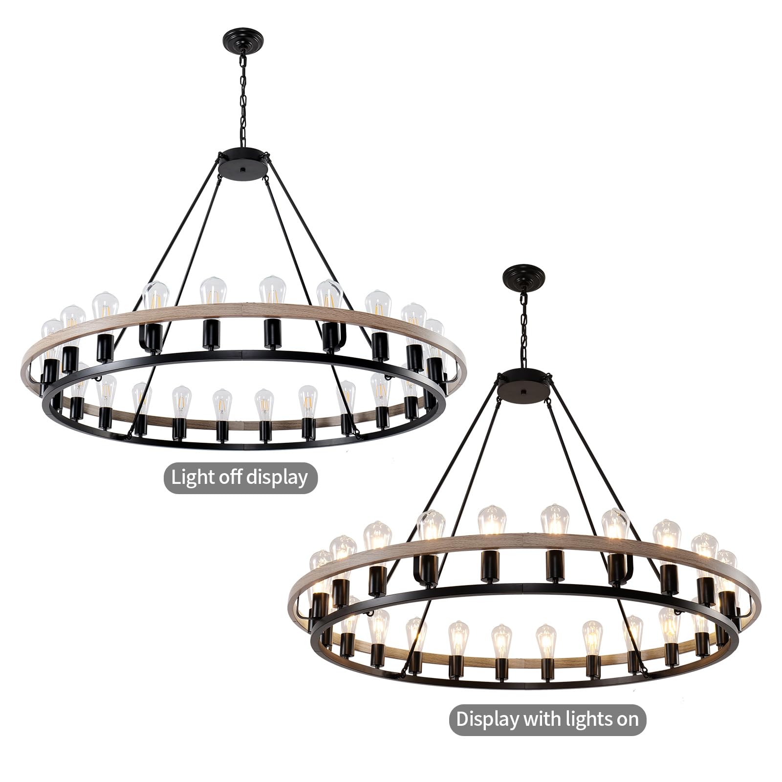 Wogon Weel Wagon Wheel Chandelier 48-Inch 24-Light, Black And Oak Wood Tone Finish Round Rustic Farmhouse Chandelier Extra Large