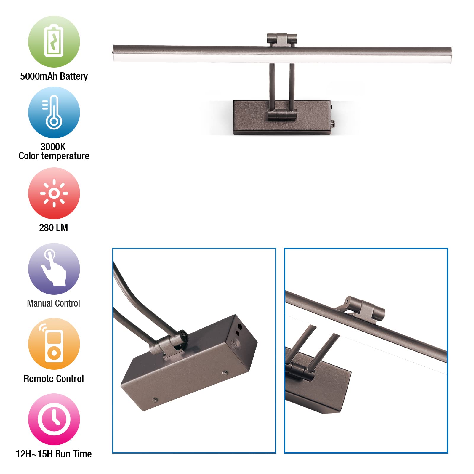 Howmzon Picture Light,Battery Operated Picture Lights With Remote, Rechargeable Painting Wall Light,16'' Full Metal Art Lights F