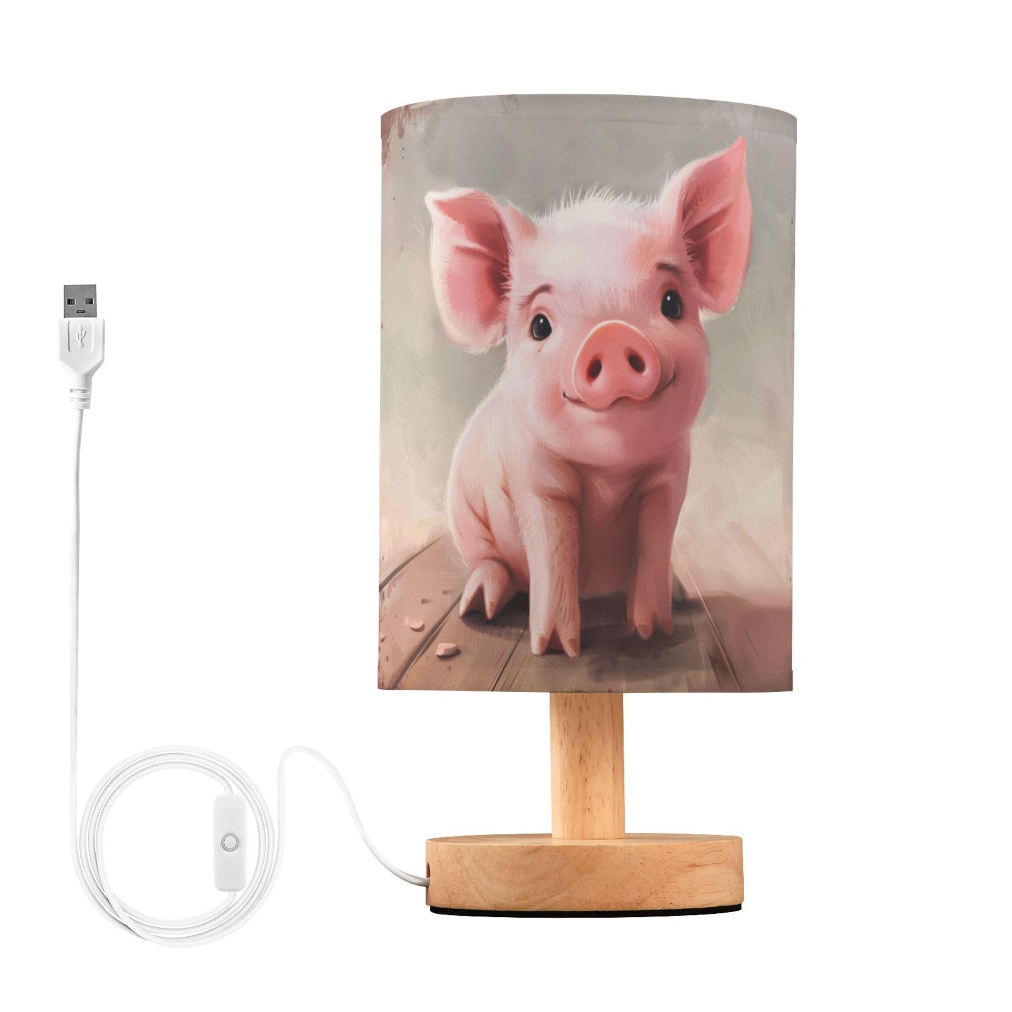 YYZZH Table Lamp Cute Pink Pig Farm Animal Nightstand Lamp with Wood Base Fabric Lamp Shade Bedside Desk Lamp for Living Room Be