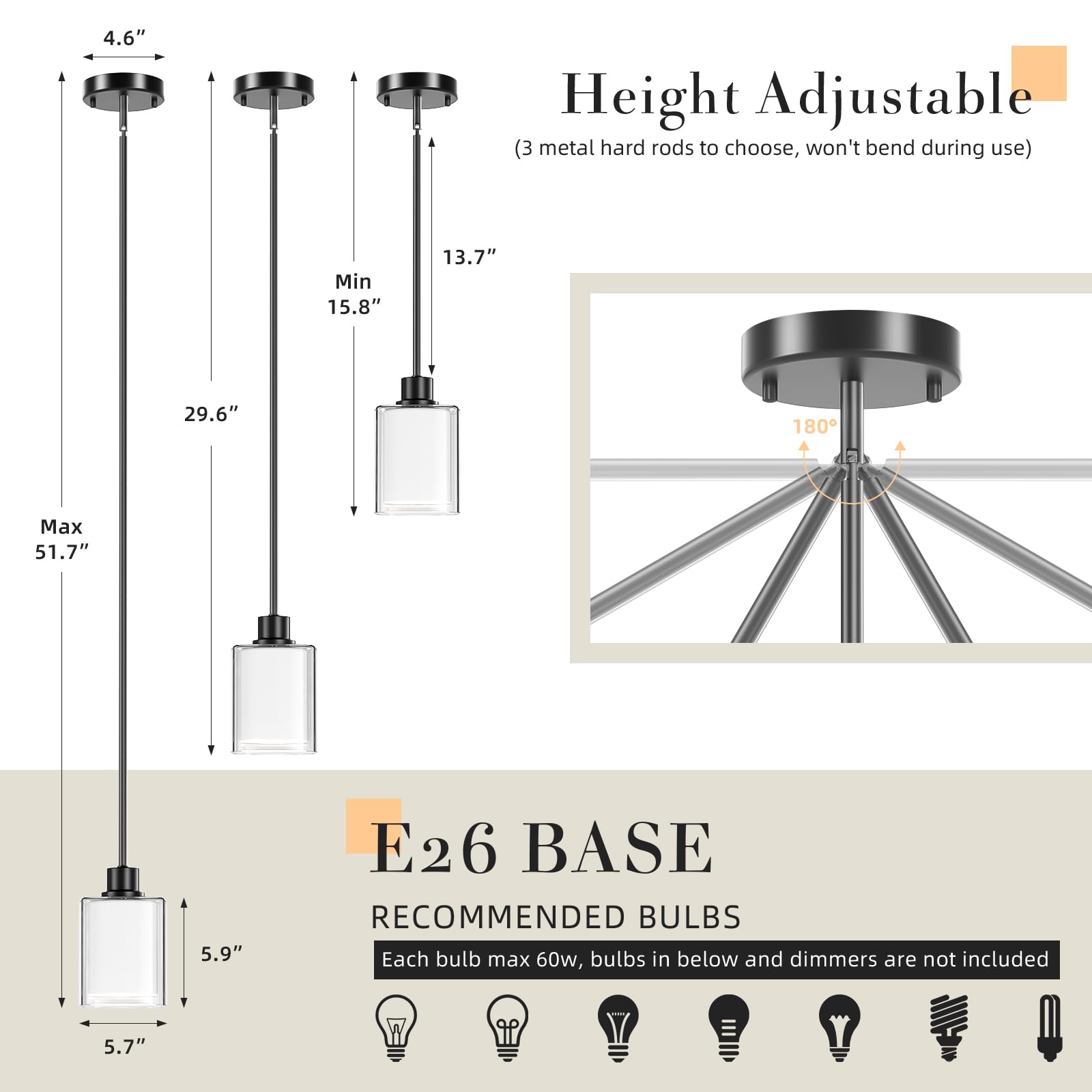 Pendant Light Kitchen Island Lighting, Height Adjuatable Rod Clear Dual Glass - With 3 Color Temperatures Bulb & Remote Control,