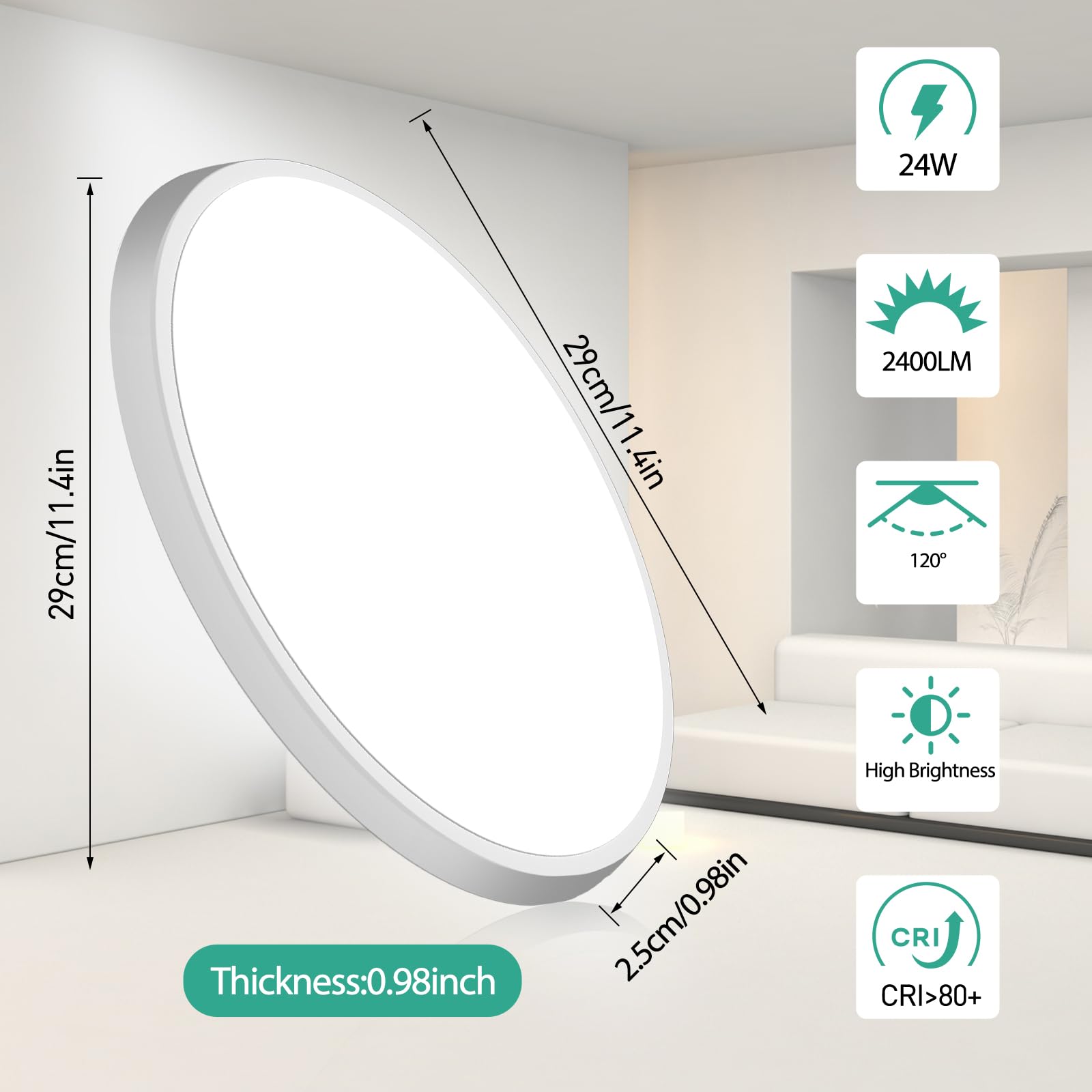DODOPEN Modern LED Ceiling Light Fixture, 24W, 12inch, Adjustable Color Temperature, Round White, Model sskg