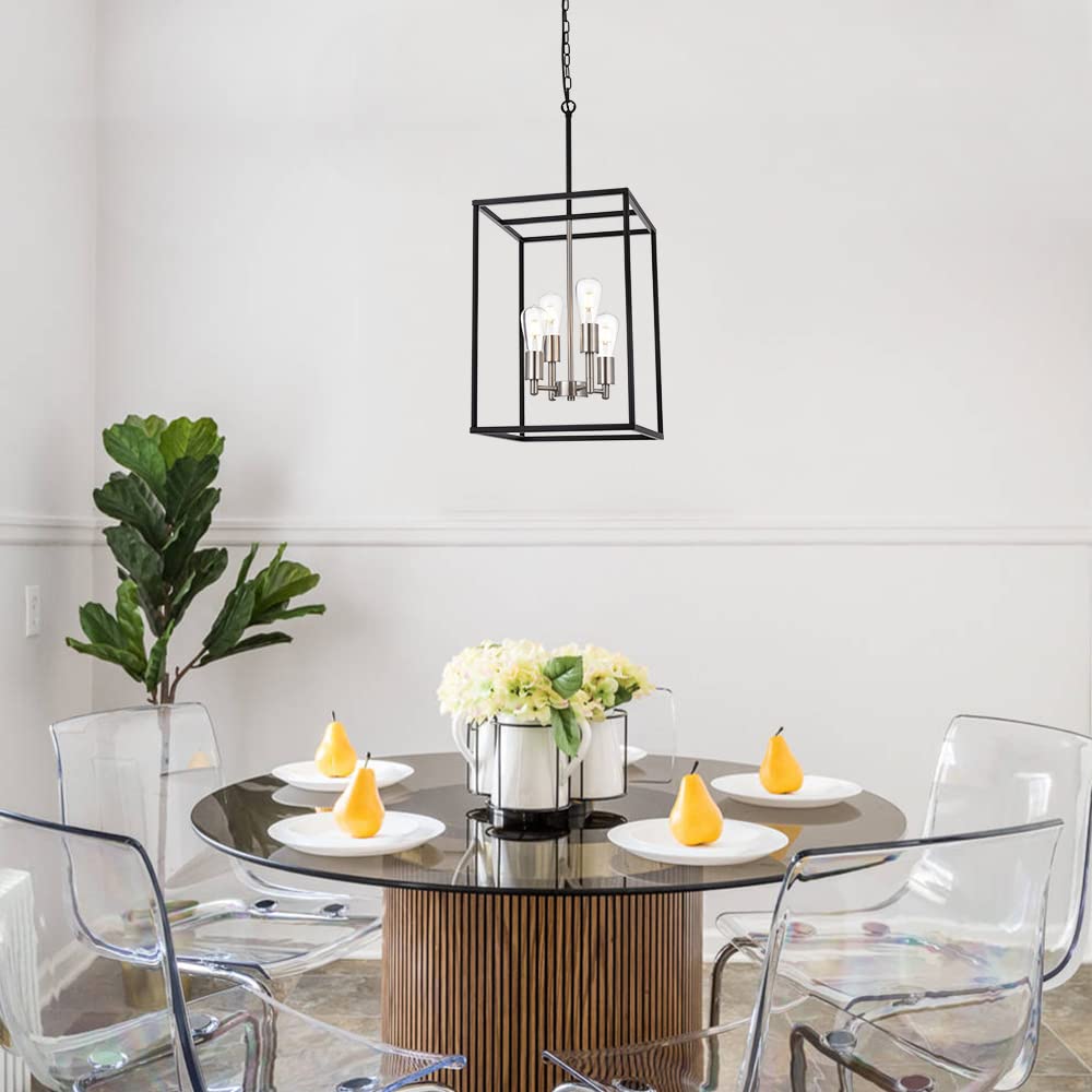 VINLUZ 4-Light Lantern Chandelier, Metal, Black & Nickel, Industrial Farmhouse Pendant Lighting, Model 270-4BS, for Dining Room & Kitchen Island