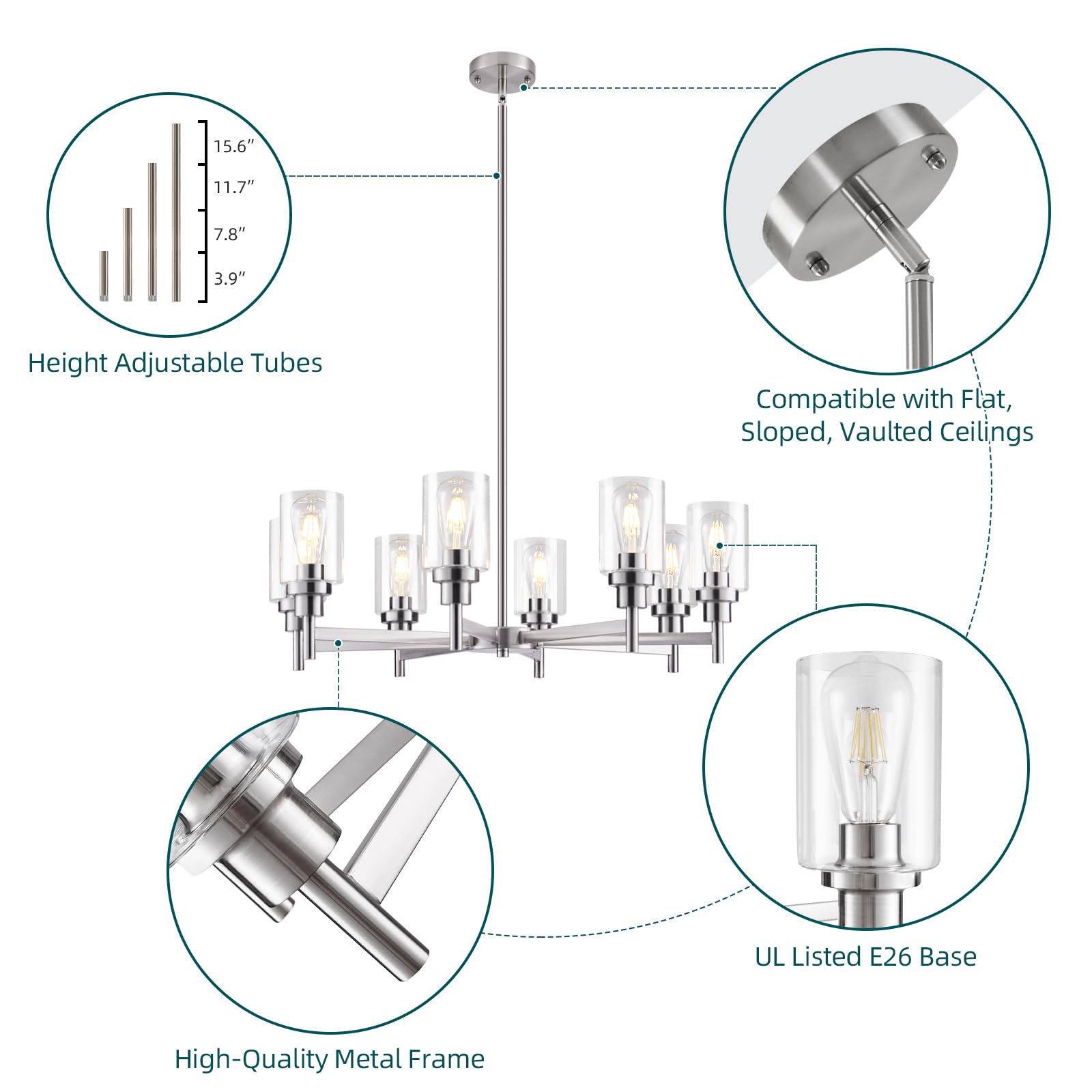 Seilisy 8 Lights Brushed Nickel Chandelier For Dining Room, Farmhouse Modern Contemporary Industrial Ceiling Hanging Pendant Lig