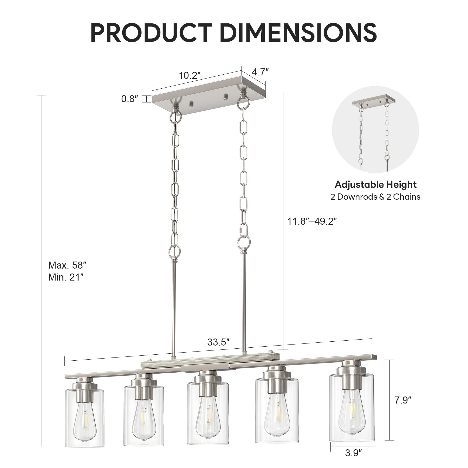 Vonluce Kitchen Island Lighting  5-Light Dining Room Light Fixture Over Table With Glass Shade And Adjustable Rods  Farmhouse Linear Chandelier For Kitchen Island  Brushed Nickel  Etl Certificated