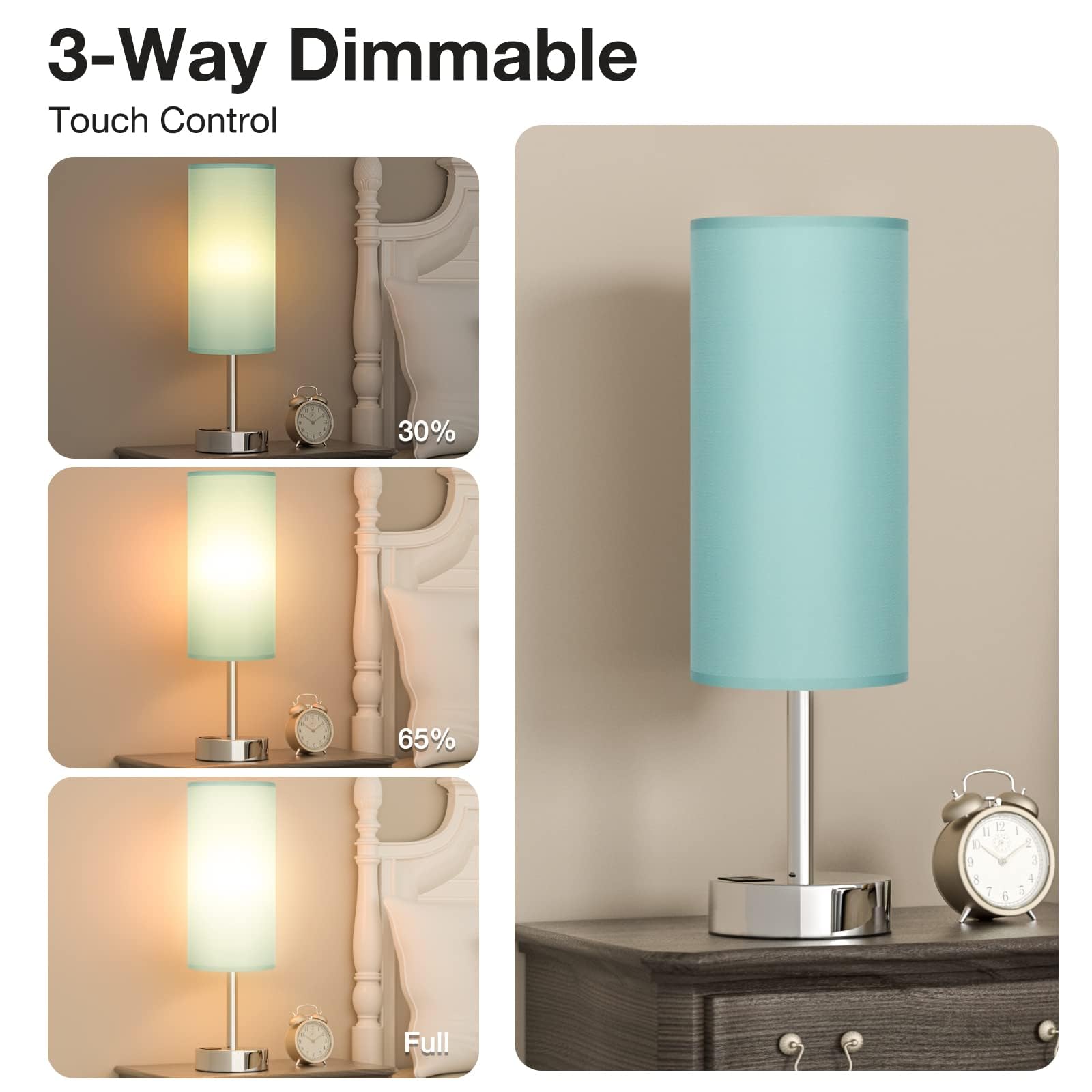 Dicoool Teal Touch Bedside Lamp - 14in Small Coastal Table Lamp with USB-C, USB-A, 3-Way Dimmable, Silver Base