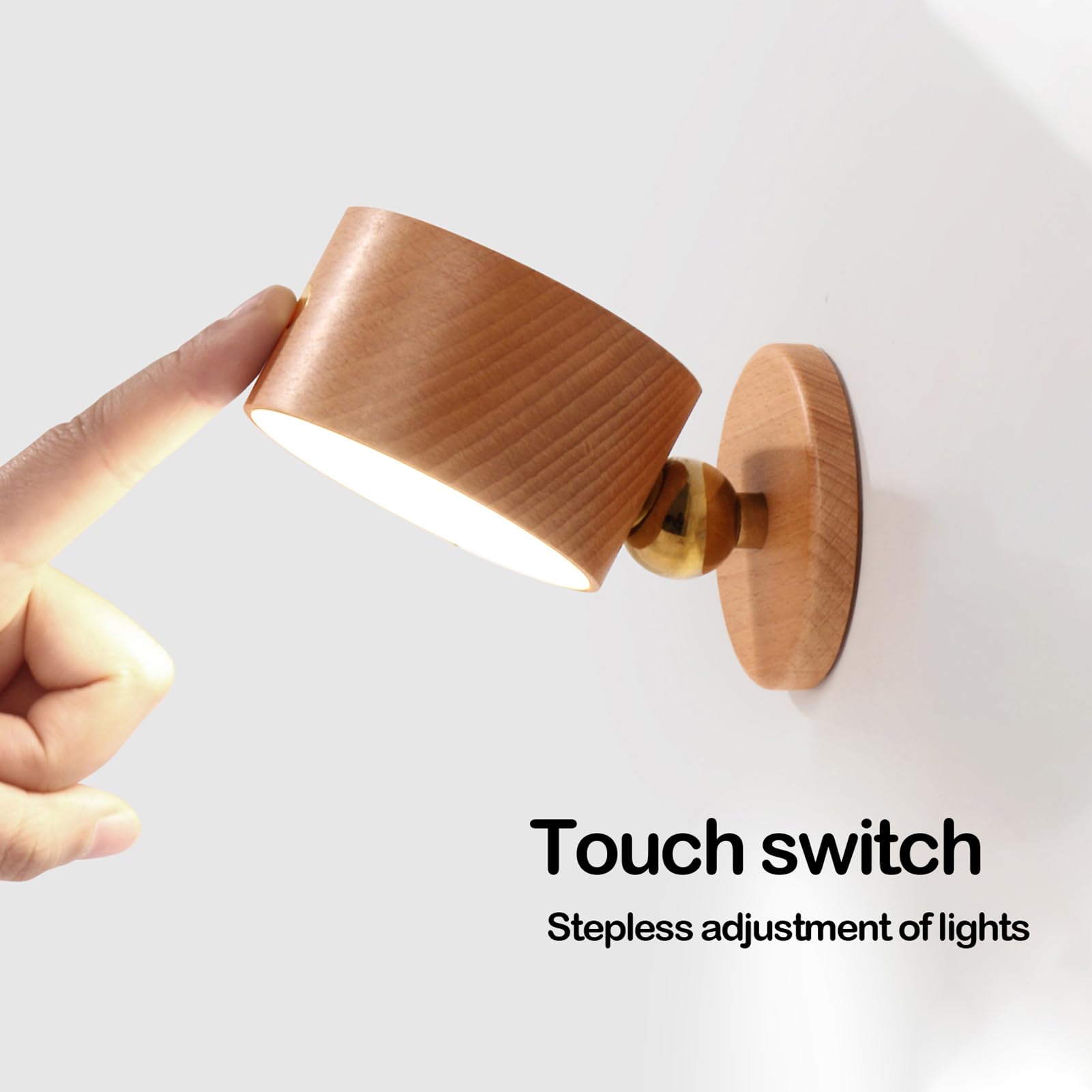 HBGFHG Wooden LED Wall Sconce, 360° Rotatable, Dimmable, Rechargeable, Battery Operated, Beech Wood, 2pcs, Model NO-HB01300