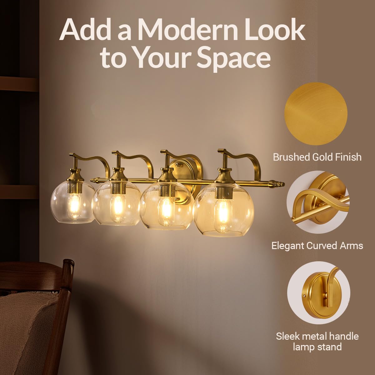 ANDY STAR Brass Vanity Light - 4-Light Gold Bathroom Fixture, Vintage Design with Globe Clear Glass Shade, E26 Base (Bulbs Not Included)