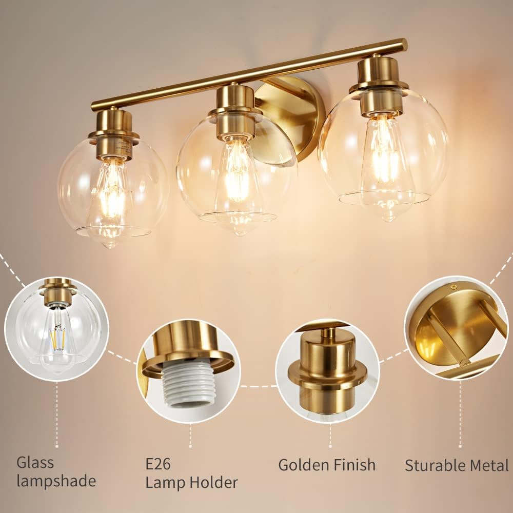 Lanmate Bathroom Light Fixtures Over Mirror 3-Lights Bathroom Vanity Light With Clear Glass Shade 22 Inch Modern Wall Sconce Gol