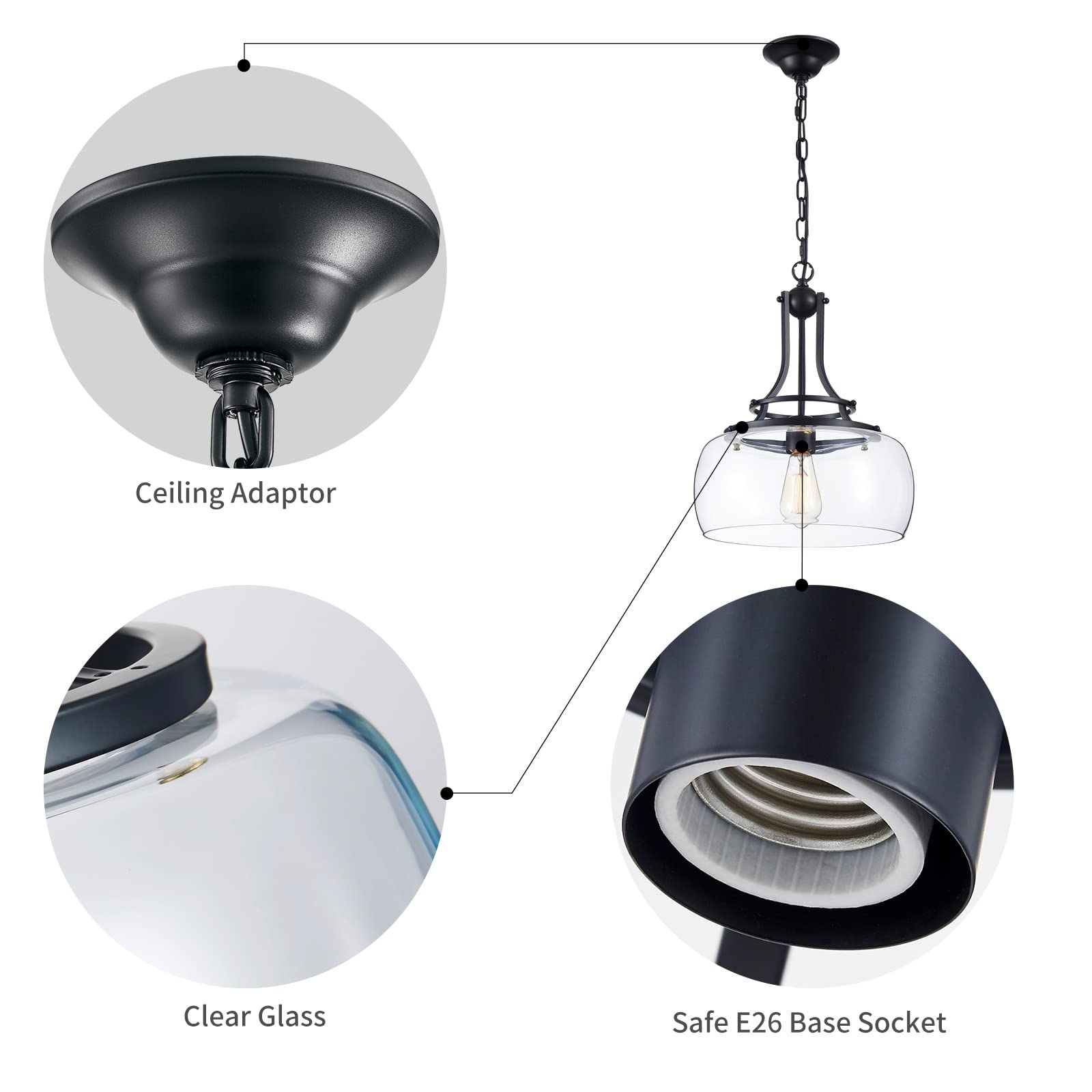 Wuzups Rustic Farmhouse Led Chandelier Pendant Light, Black Metal, 17&quot; X 13.4&quot; For Dining Room