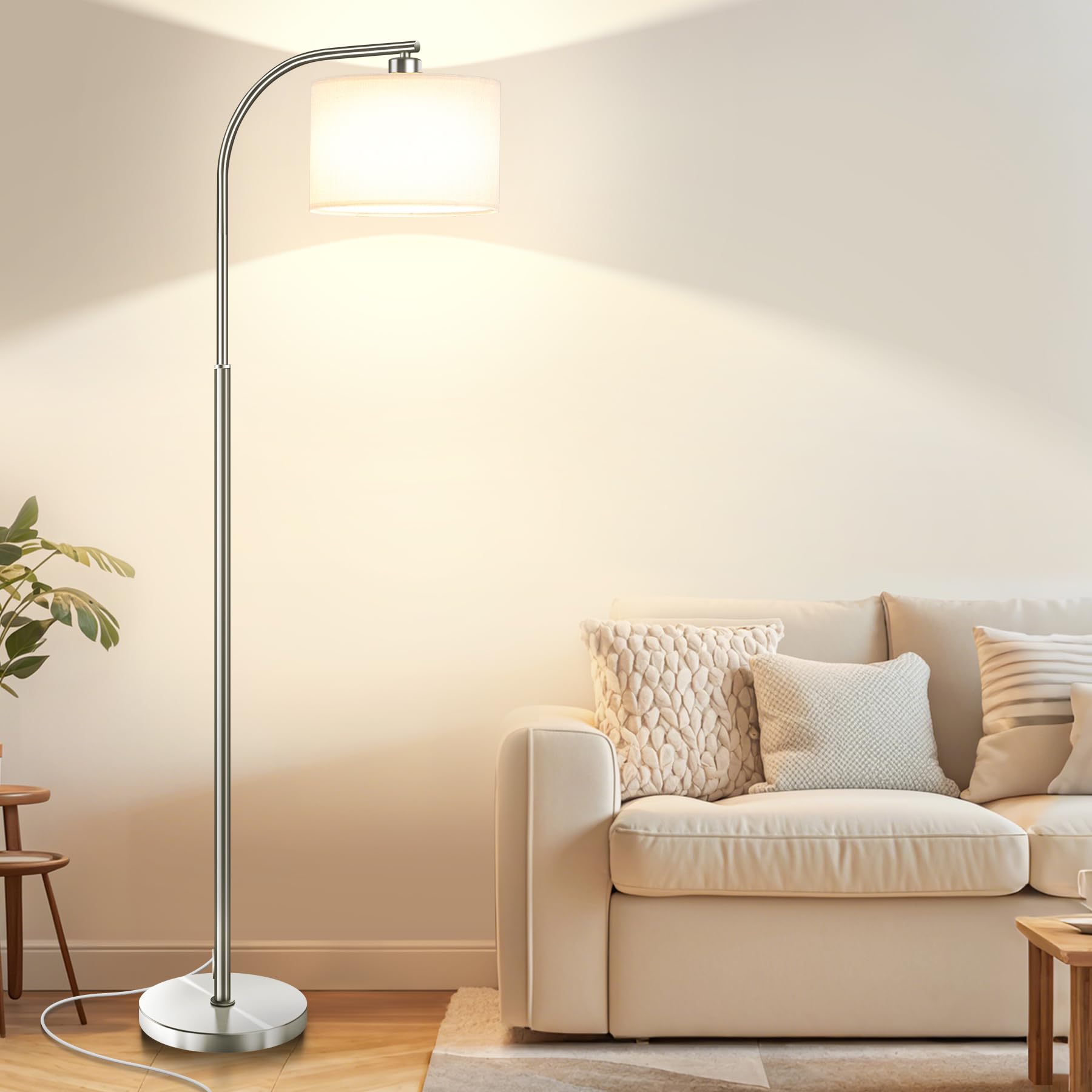 KQW Floor Lamp for Living Room,65 Modern Standing Lamps with 9W LED Bulb,Silver Tall Floor Light with Fabric Shade,3 Color Tem