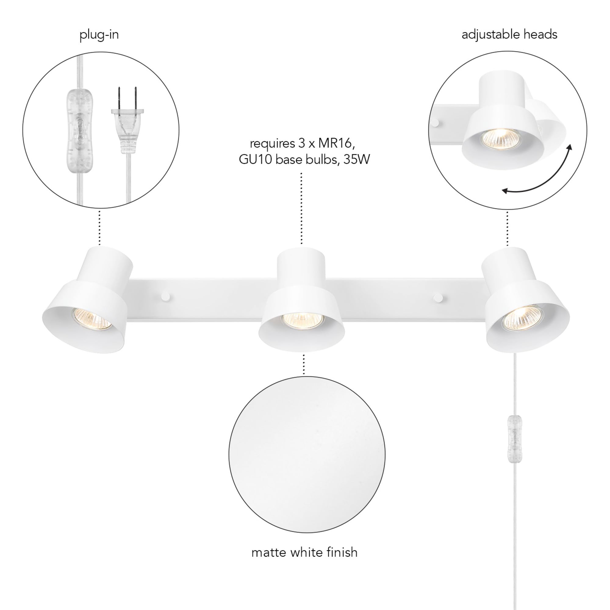 Globe Electric 64000116 22'' 3-Light Plug-In Track Lighting, Matte White, Pivoting Track Heads, 15-Foot Cord, In-Line On/Off Roc