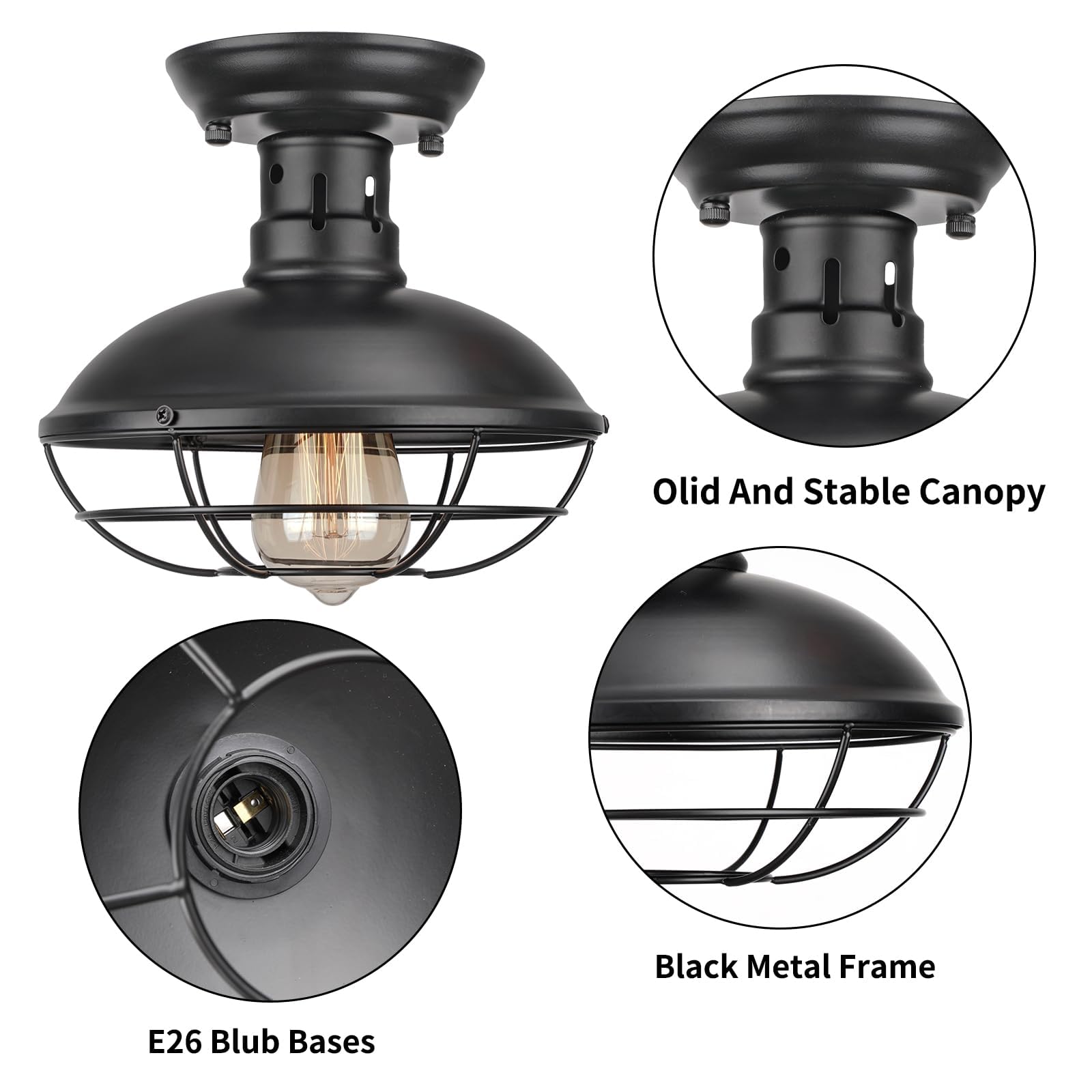 FRIDEKO HOME Industrial Flush Mount Ceiling Light Fixture, Rustic Copper Metal Cage, 3 Pack, E26 Base, Black
