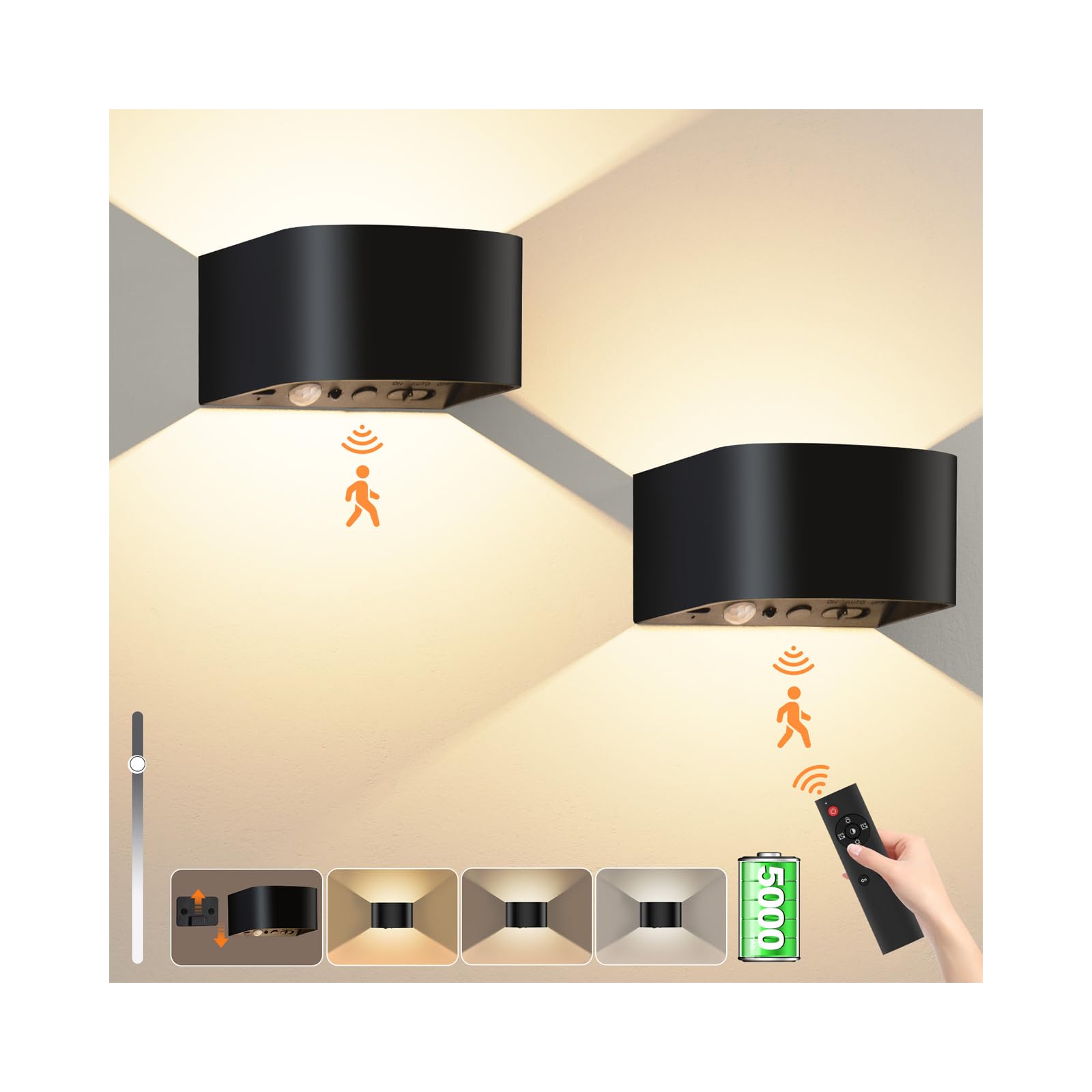Audor Motion Sensor Wall Light, Rechargeable 5000mAh, Remote Control, 3-Color Adjustable, Black, Indoor LED Sconce