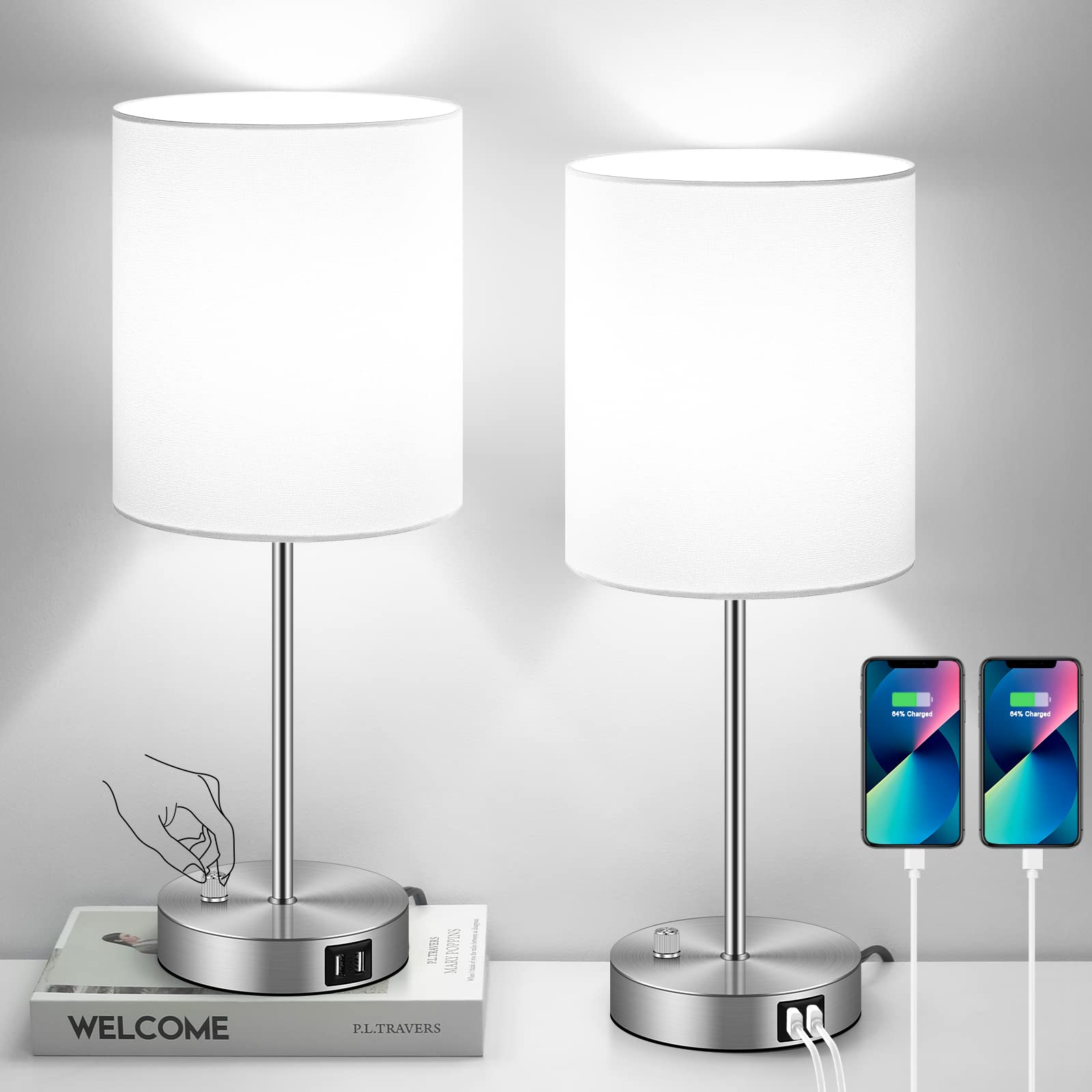 Set of 2 Table Lamps with USB Ports, White Bedside Lamps with AC Outlet, Modern Nightstand Lamps with Rotary Switch, Minimalist 