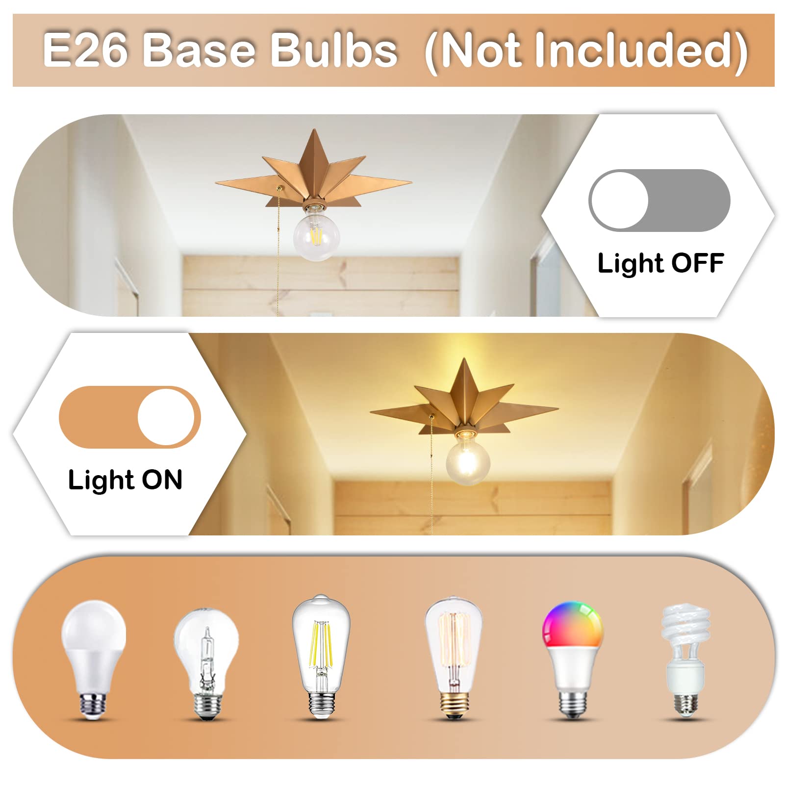 Airposta Flush Mount Ceiling Light Fixture, Brass Star Design, Industrial Metal, Pull Chain, Ideal For Hallway, Entryway, Kitchen, Bathroom