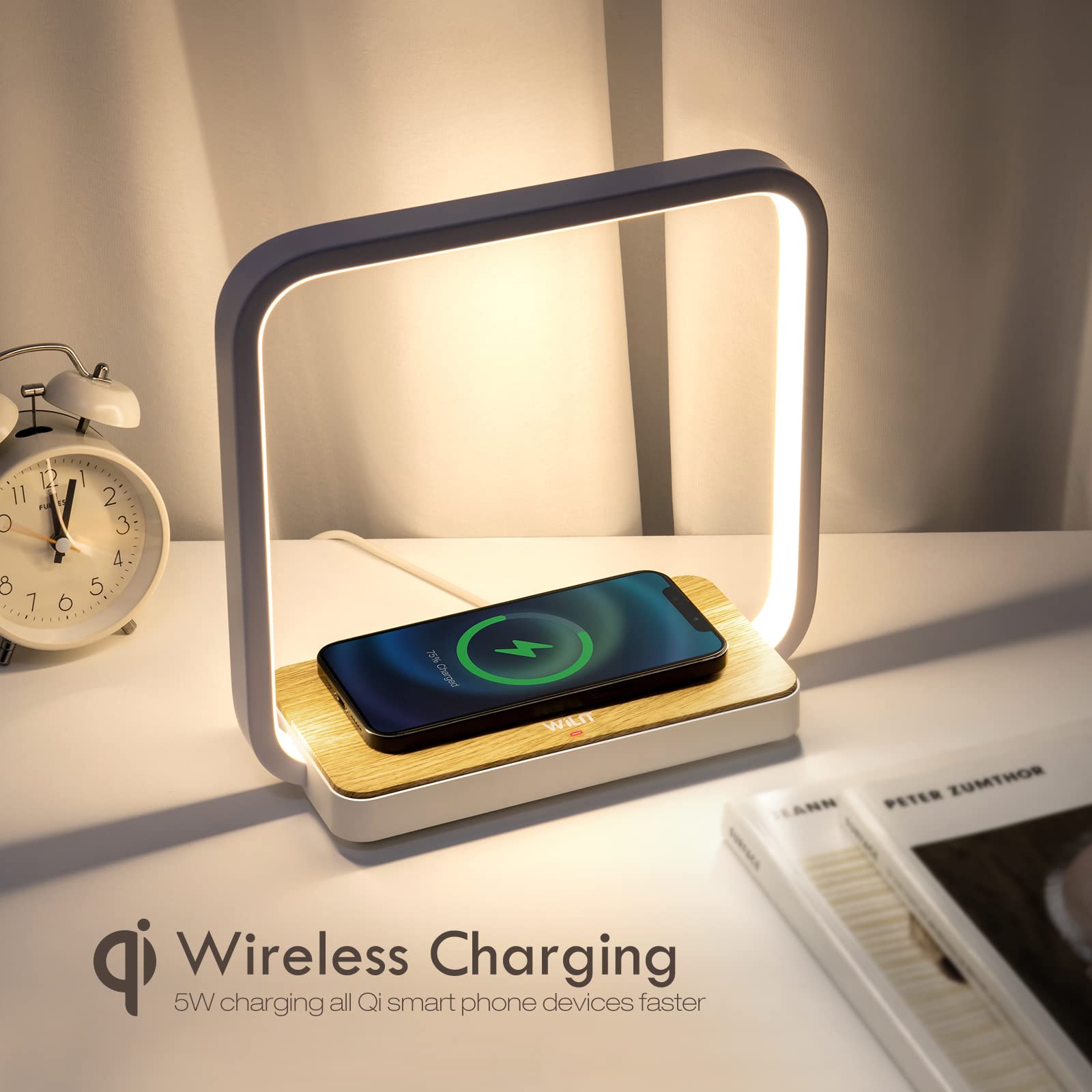 WILIT A13 Bedside Lamp with Qi Wireless Charger, 3-Step Dimmable Touch Control, White Metal for Living Room, Bedroom, Kids Room