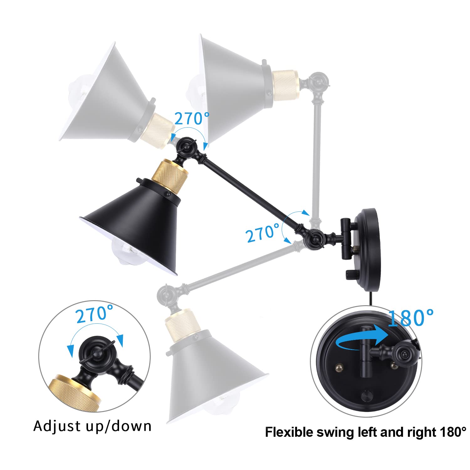 TRLIFE Dimmable Wall Sconce with Remote Control, Adjustable Color Temperature 2700K-6000K, 2 Pack, Black, Metal