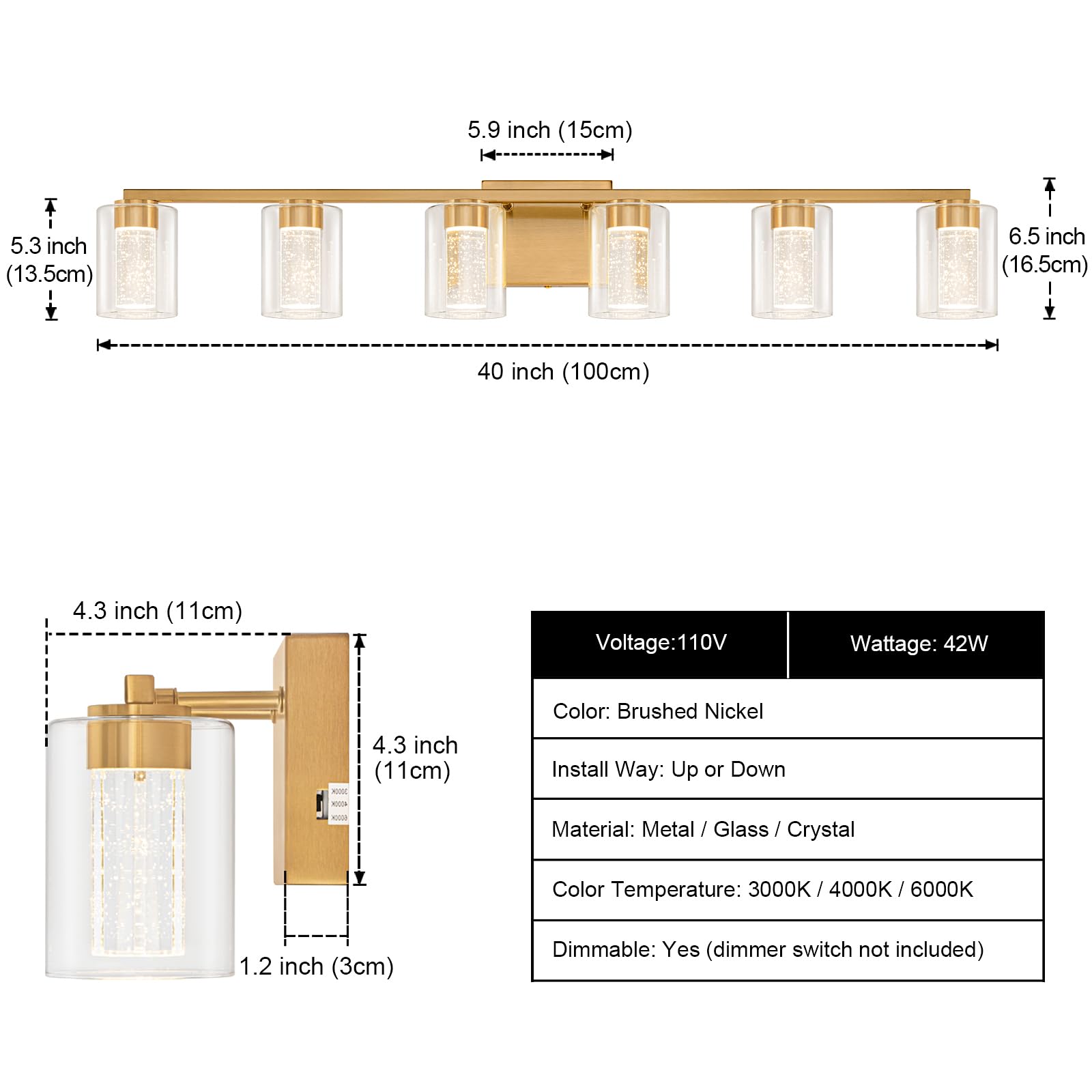 SineRise 6-Light Gold Vanity Light, Dimmable LED Bathroom Fixture, Eye Protection, 3000K/4000K/6000K, Model 44852ac9