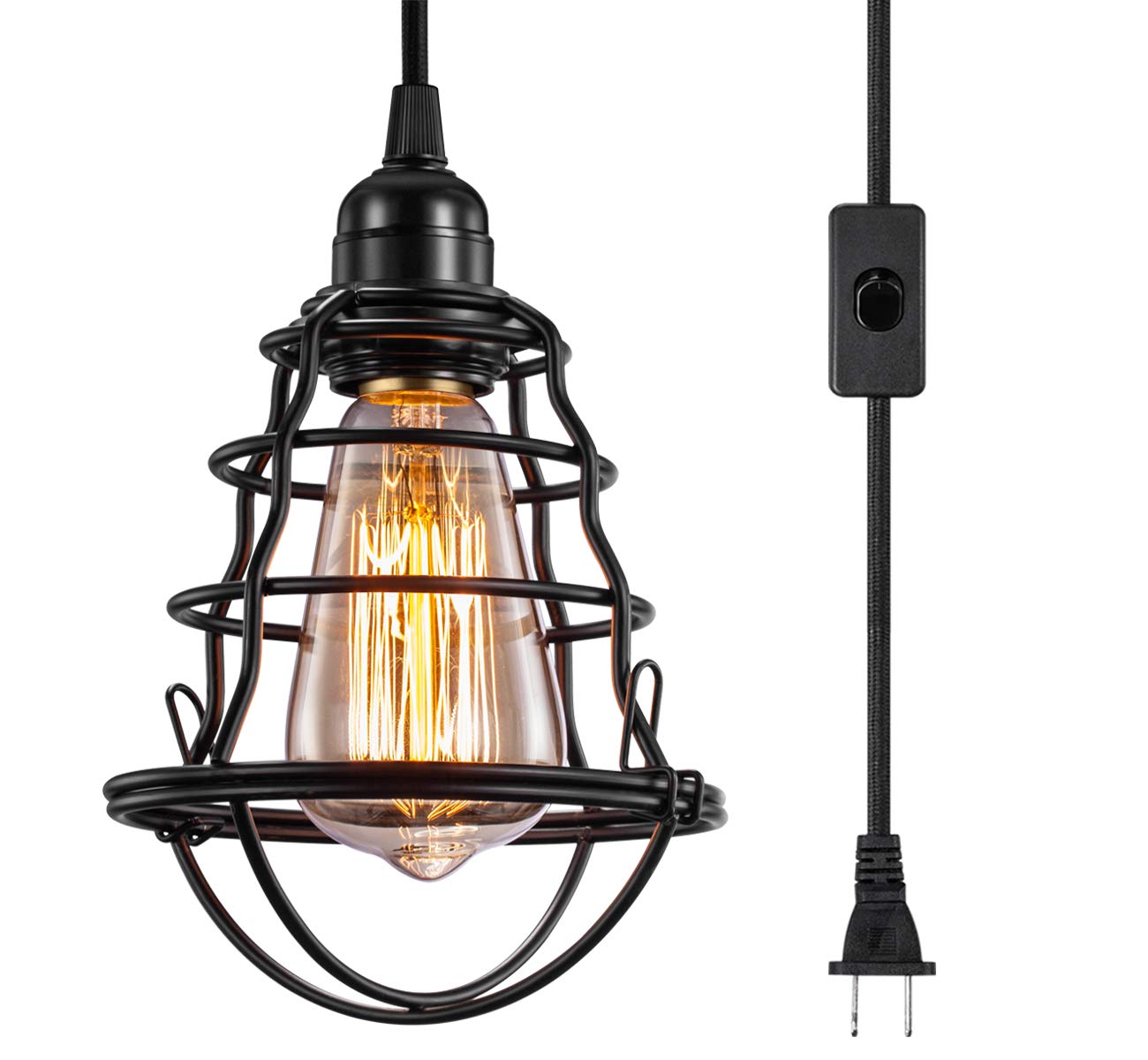 Asnxcju Vintage Pendant Light, Metal Hanging Cage with Plug in Cord, E26/E27, On/Off Switch, 1 Pack