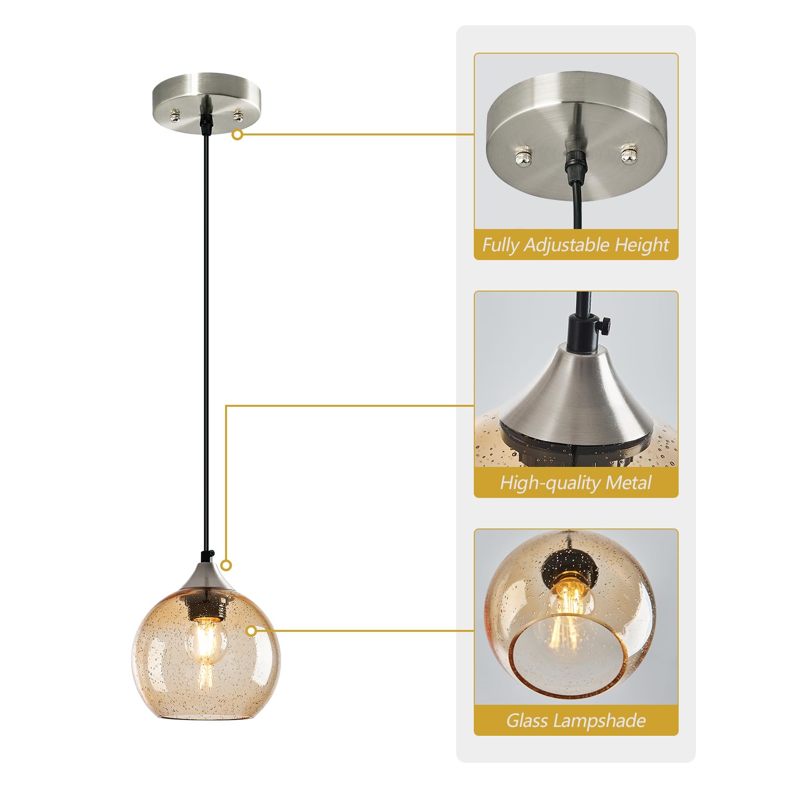 Lbsqj Light Brown Glass Pendant Lights Kitchen Island Globe Pendant Light Fixtures Modern Pendant Lighting For Bedroom Living Dining Room Light Fixture (5.9 In  3 Pack)