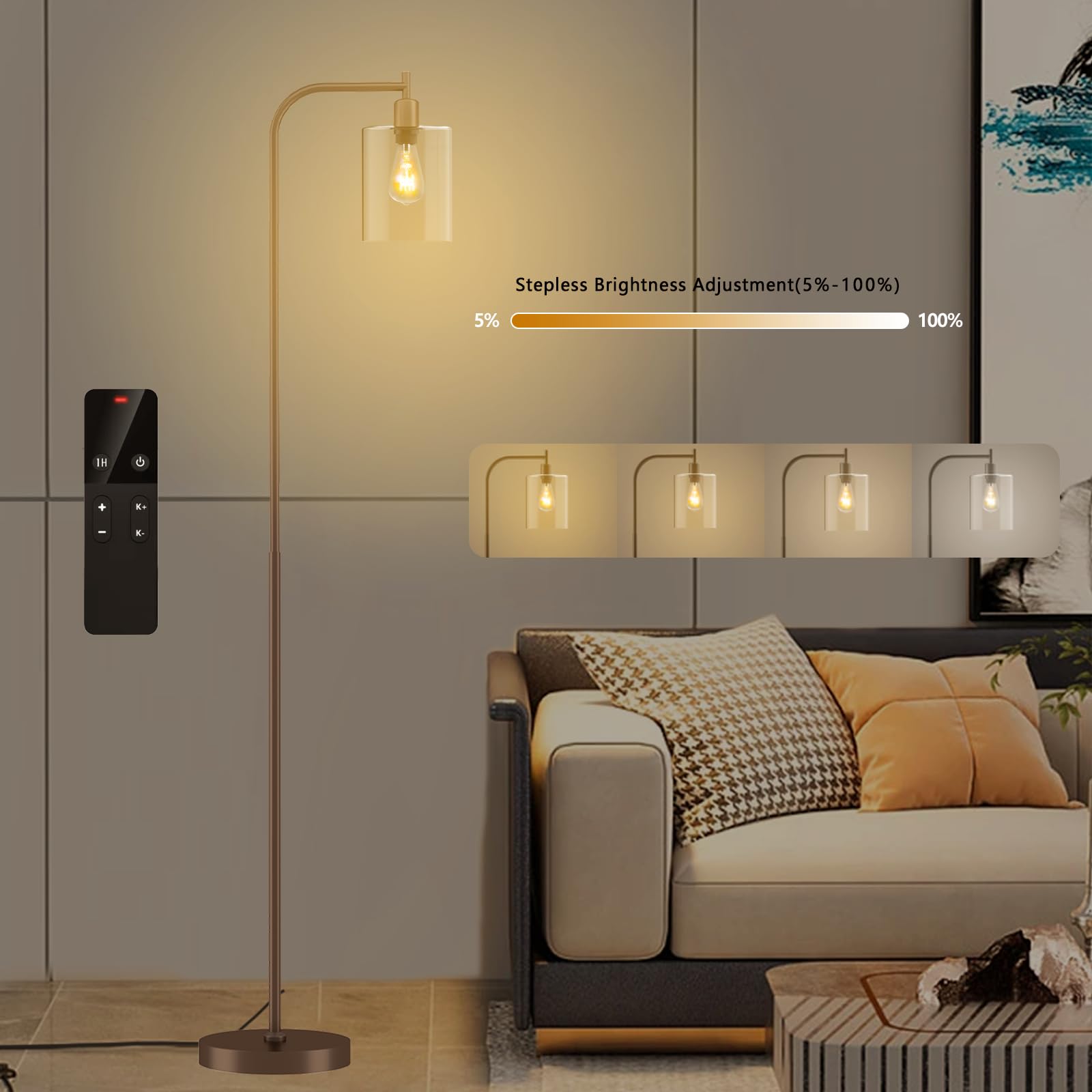Wio-Mio Industrial Floor Lamp, Dimmable LED, Glass Shade, Bronze, Model MF19334, Tall for Living Room, Bedroom, Office