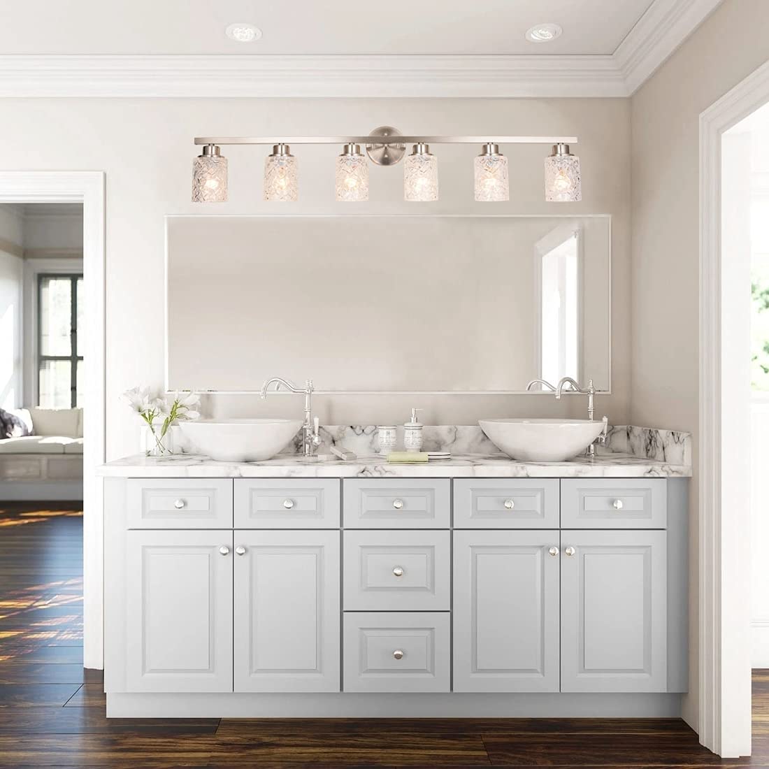ALICE HOUSE 6 Light Vanity Lights, Brushed Nickel Finish, Model AL9082-W6, Bathroom Wall Lighting Over Mirror