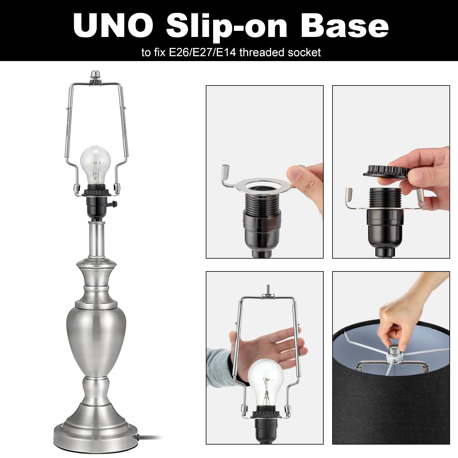 Lamp Harp Kit, 7 8 9 10 Inch Adjustable Lamp Shade Holder, Hardware Parts Included Harp Frame And Finials, Standard Saddle, E14