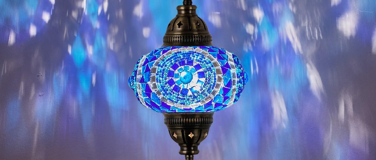 DEMMEX Plug in Pendant Light - Turkish Moroccan Mosaic Lamp, Glass Shade, 6.5in, Blue Space, 15ft Metal Chains