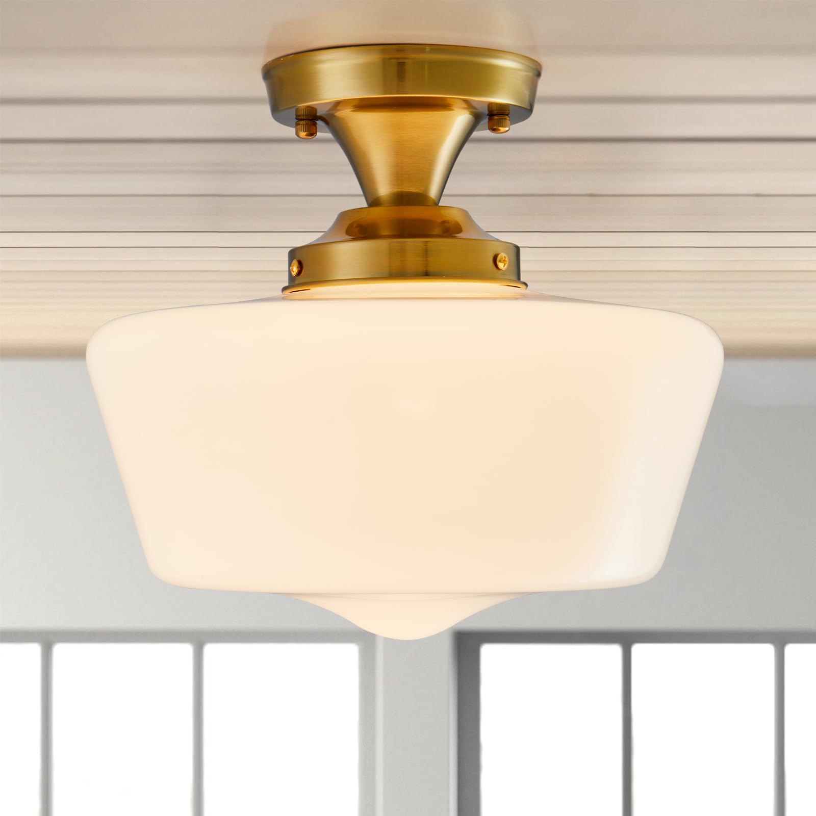 youngrender Schoolhouse Light Fixture Modern Gold Ceiling Light,Semi Flush Mount Ceiling Light,12''Wide Opal Milk Glass Shade,Br