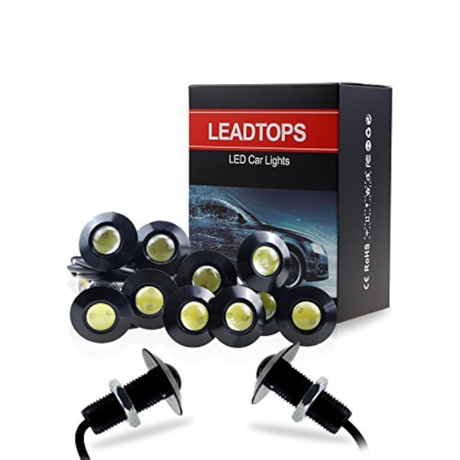 LEADTOPS Eagle Eye LED Lights, 10-pack, 12V Ultra Thin 23mm, Aluminum, Blue Kit for Car Motorcycle, Black