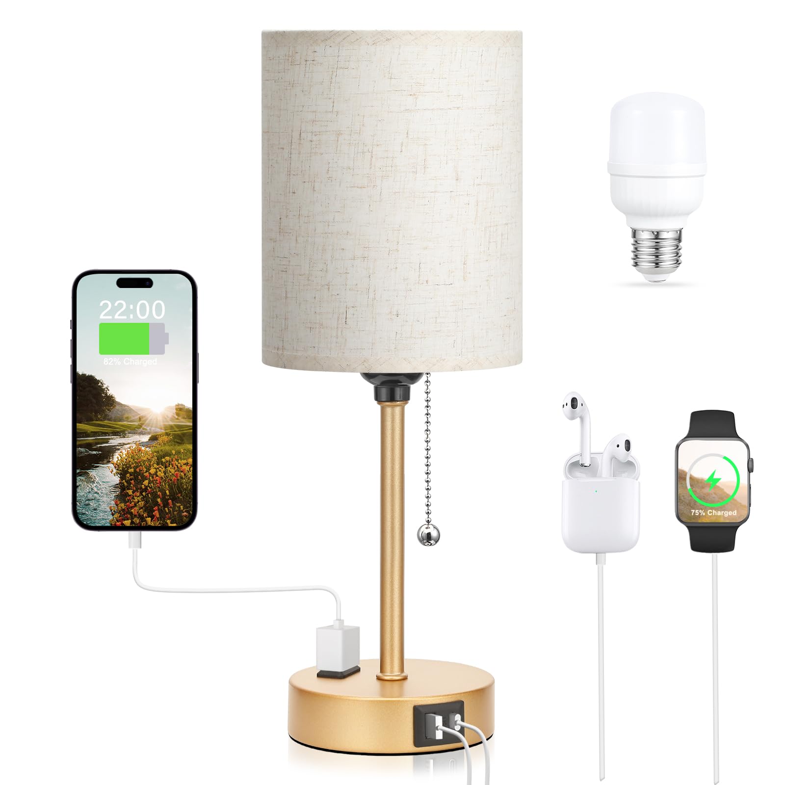 Dicoool Elegant Gold Bedside lamp for Bedroom - 3 Color Temperatures Small Table Lamp with USB C and A Ports  Pull Chain Table Lamps with AC Outlet  Cream Nightstand Lamps for Kids Reading Study
