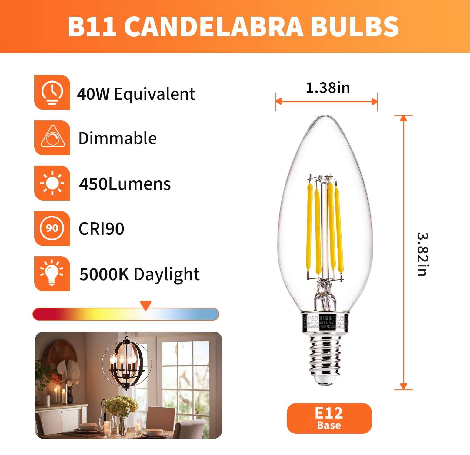 Alampever E12 Candelabra Bulb 40 Watt, B10 Chandelier Light Bulbs, Dimmable 5000K Daylight, 450Lm, Cri90, 24Pack